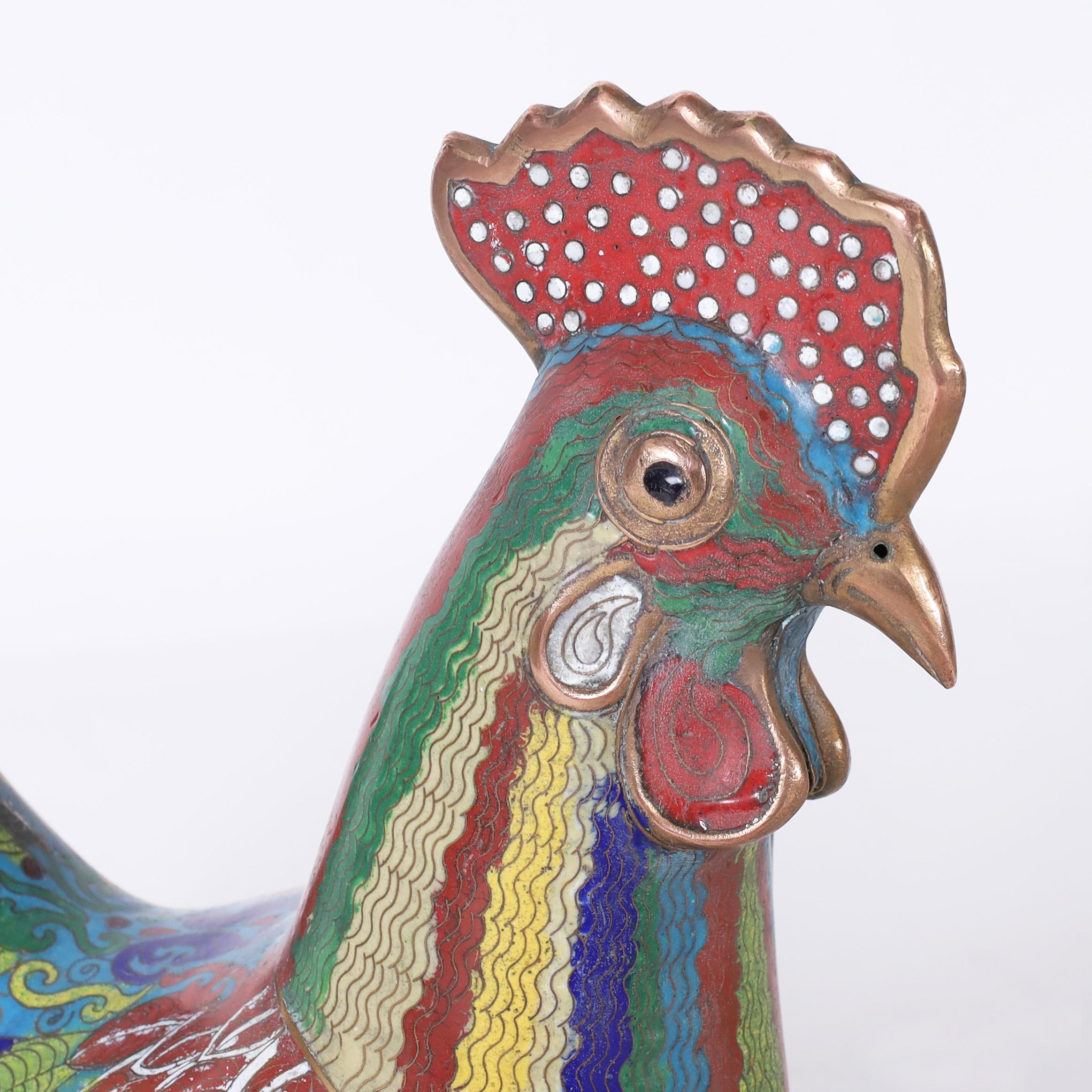Copper Pair of Antique Chinese Cloisonne Roosters For Sale