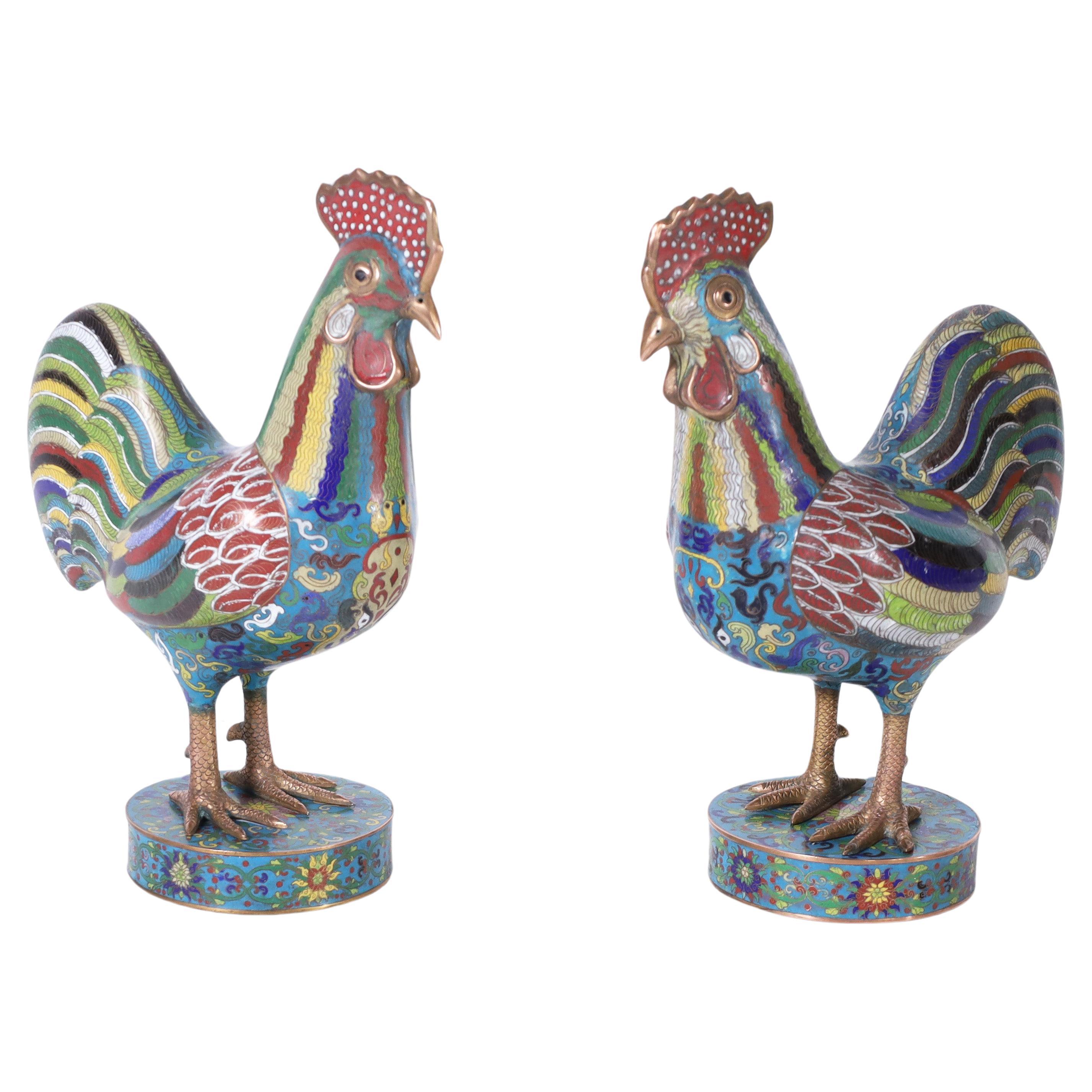 Pair of Antique Chinese Cloisonne Roosters For Sale