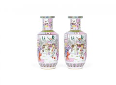 Pair of Antique Chinese Court Genre Scene Design Porcelain Rouleau-Form Vases