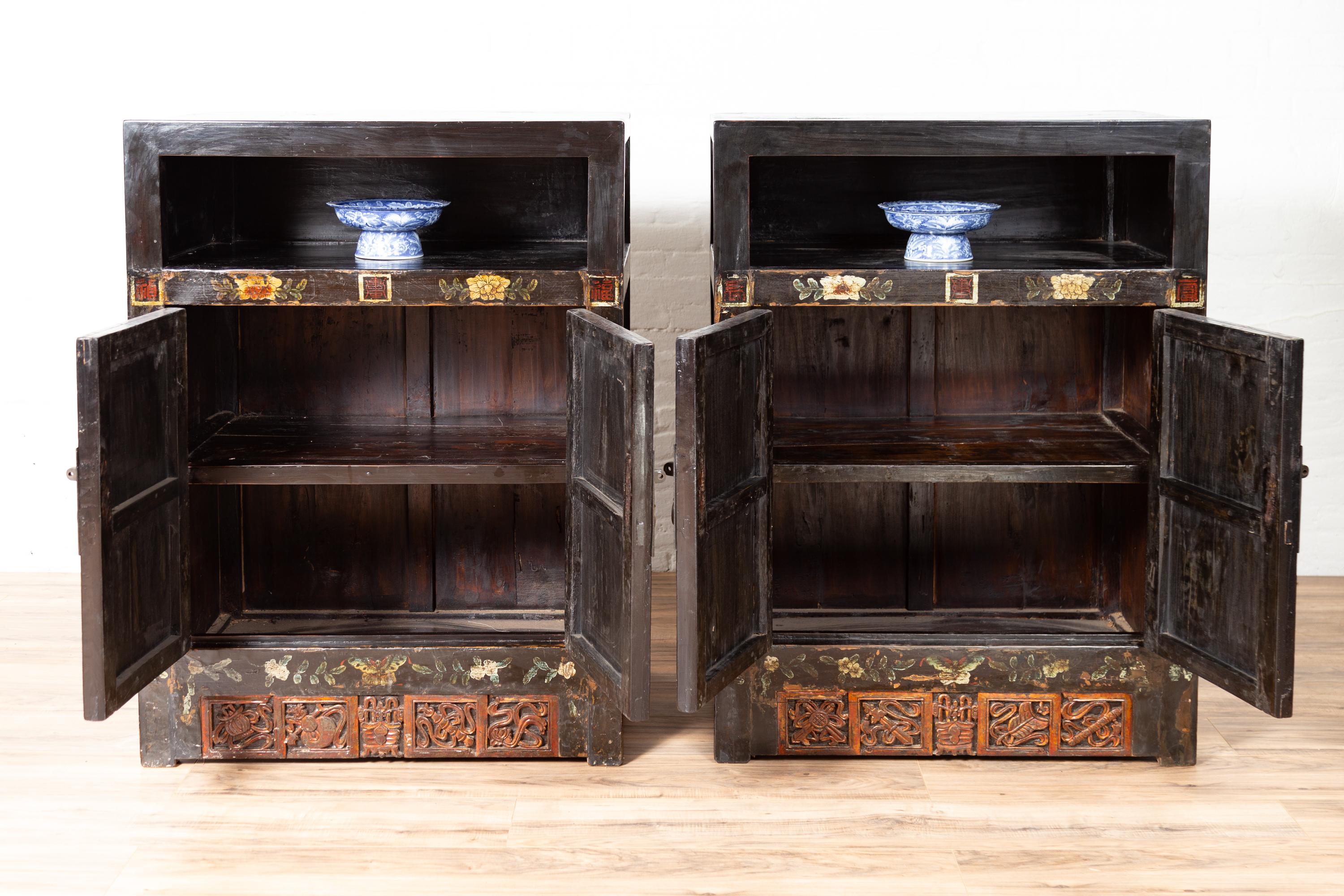Pair of Antique Chinese Display Cabinets with Hand Painted Chinoiserie Motifs For Sale 9