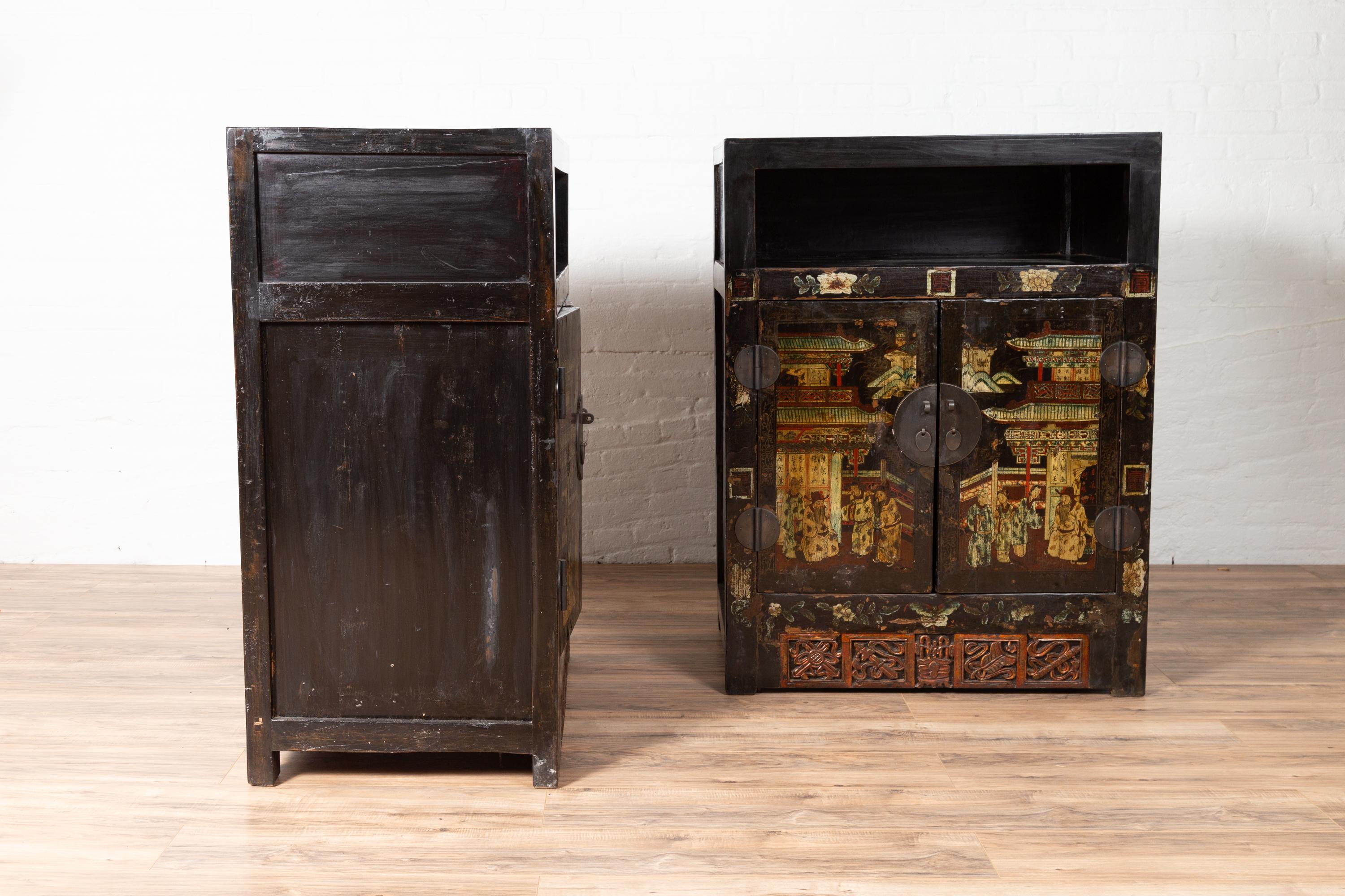 Pair of Antique Chinese Display Cabinets with Hand Painted Chinoiserie Motifs For Sale 10