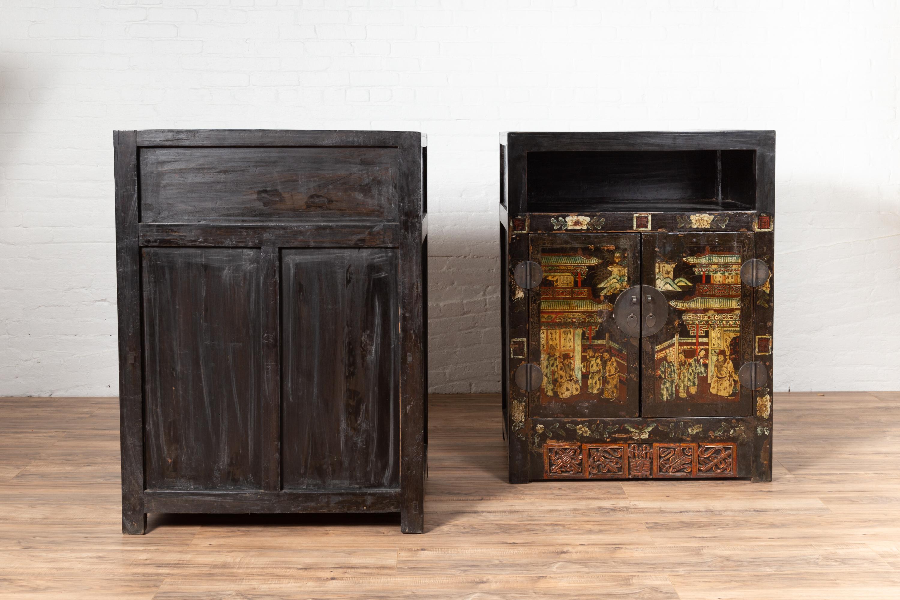 Pair of Antique Chinese Display Cabinets with Hand Painted Chinoiserie Motifs For Sale 11
