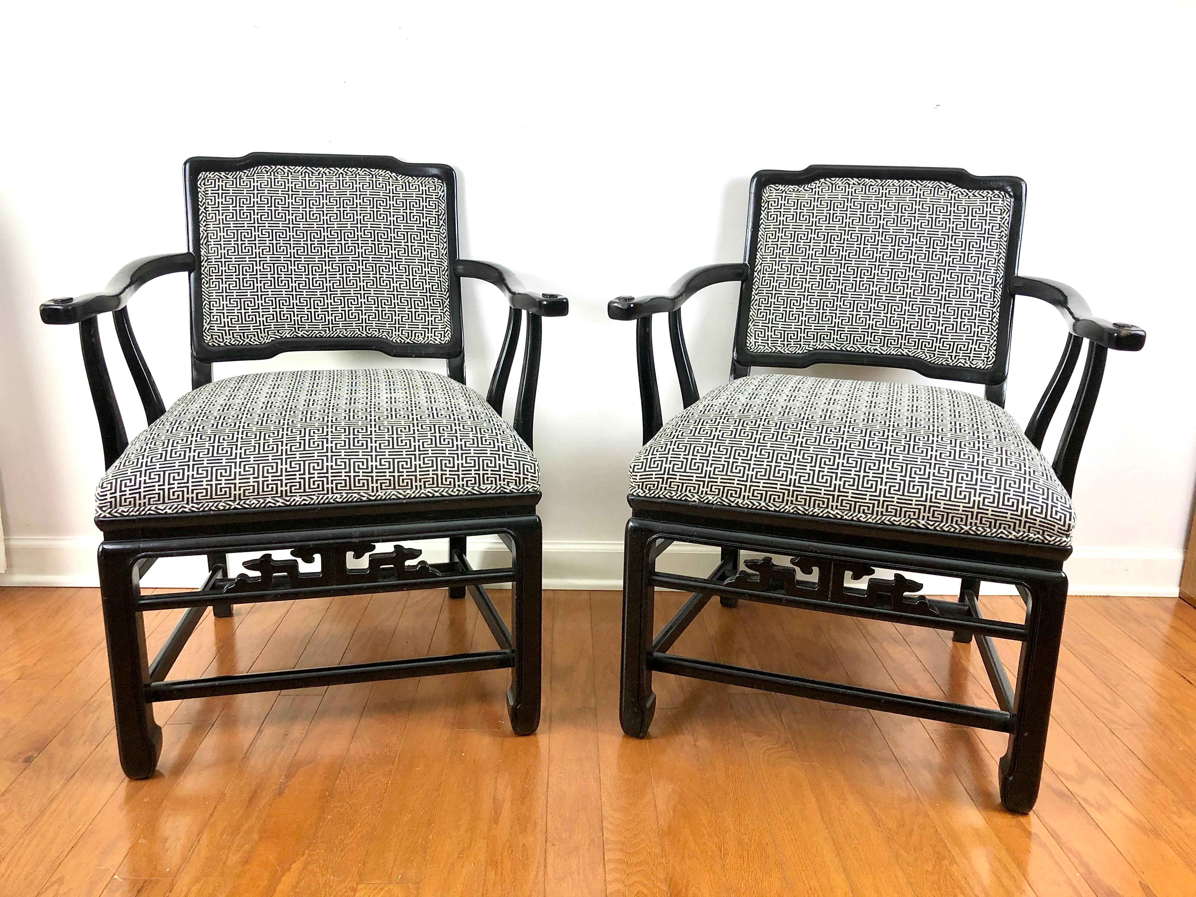 Chinese Chippendale Pair of Antique Chinese Elm Black Lacquered Chairs  For Sale
