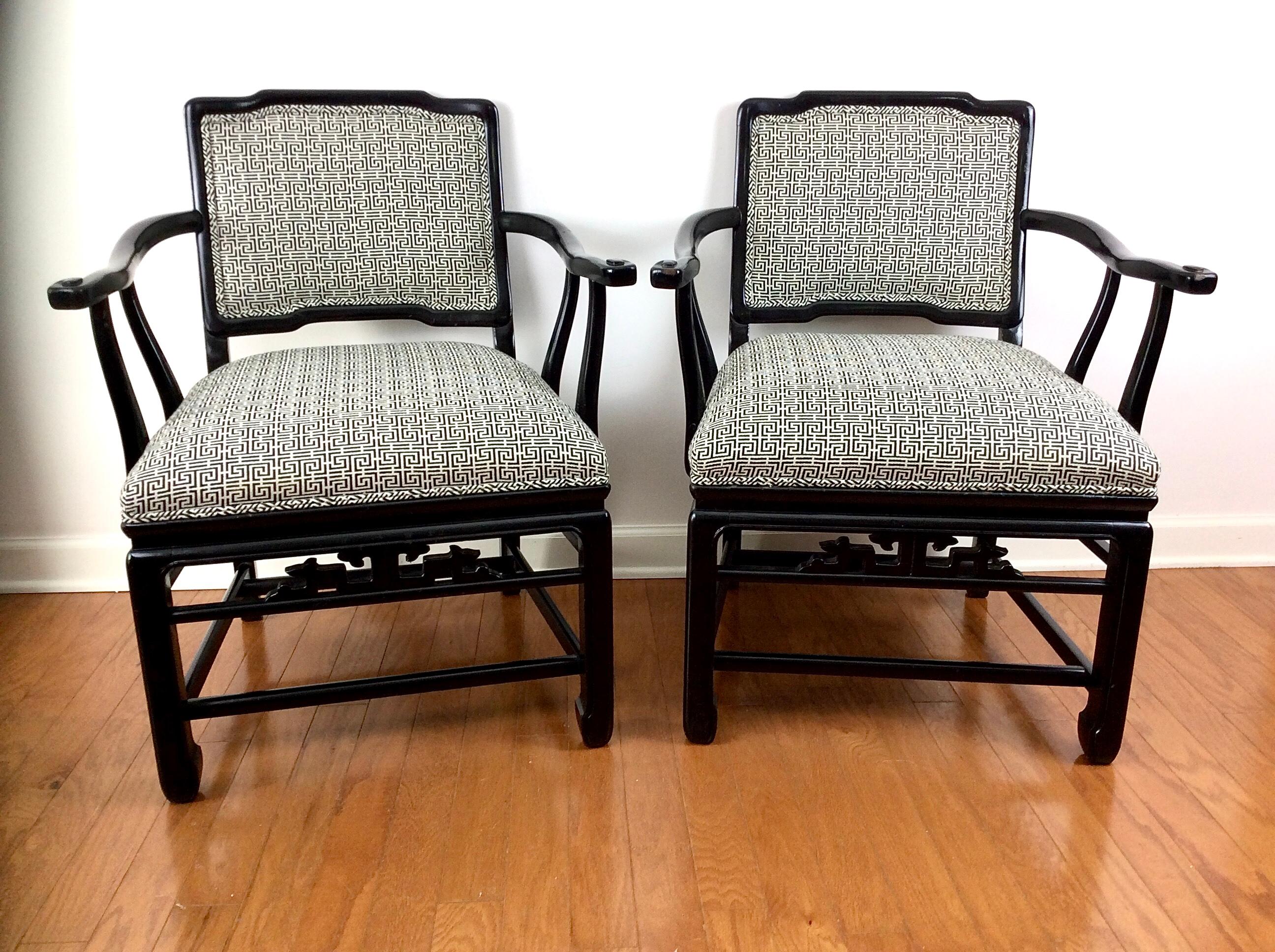 Pair of Antique Chinese Elm Black Lacquered Chairs  For Sale 1