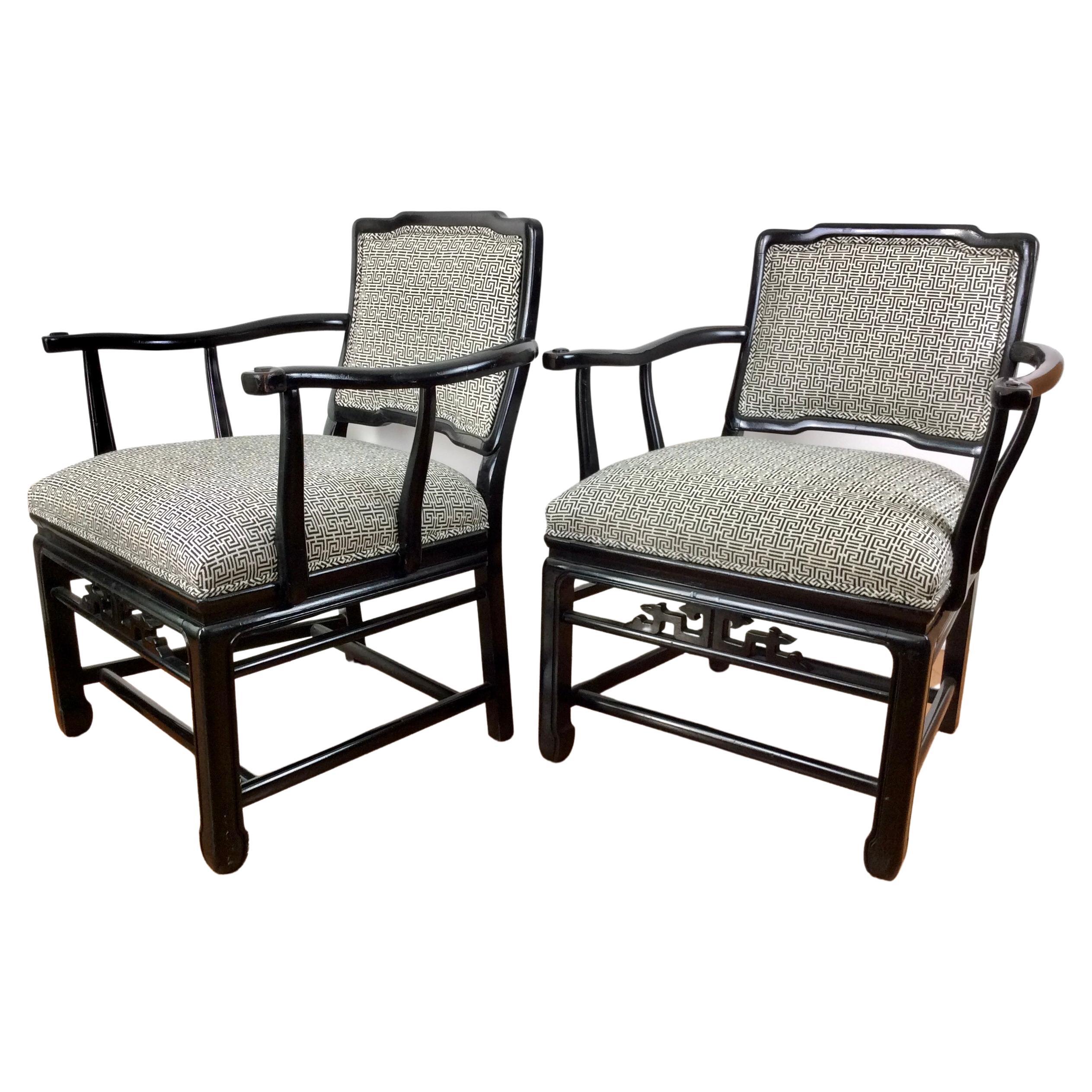 Pair of Antique Chinese Elm Black Lacquered Chairs  For Sale