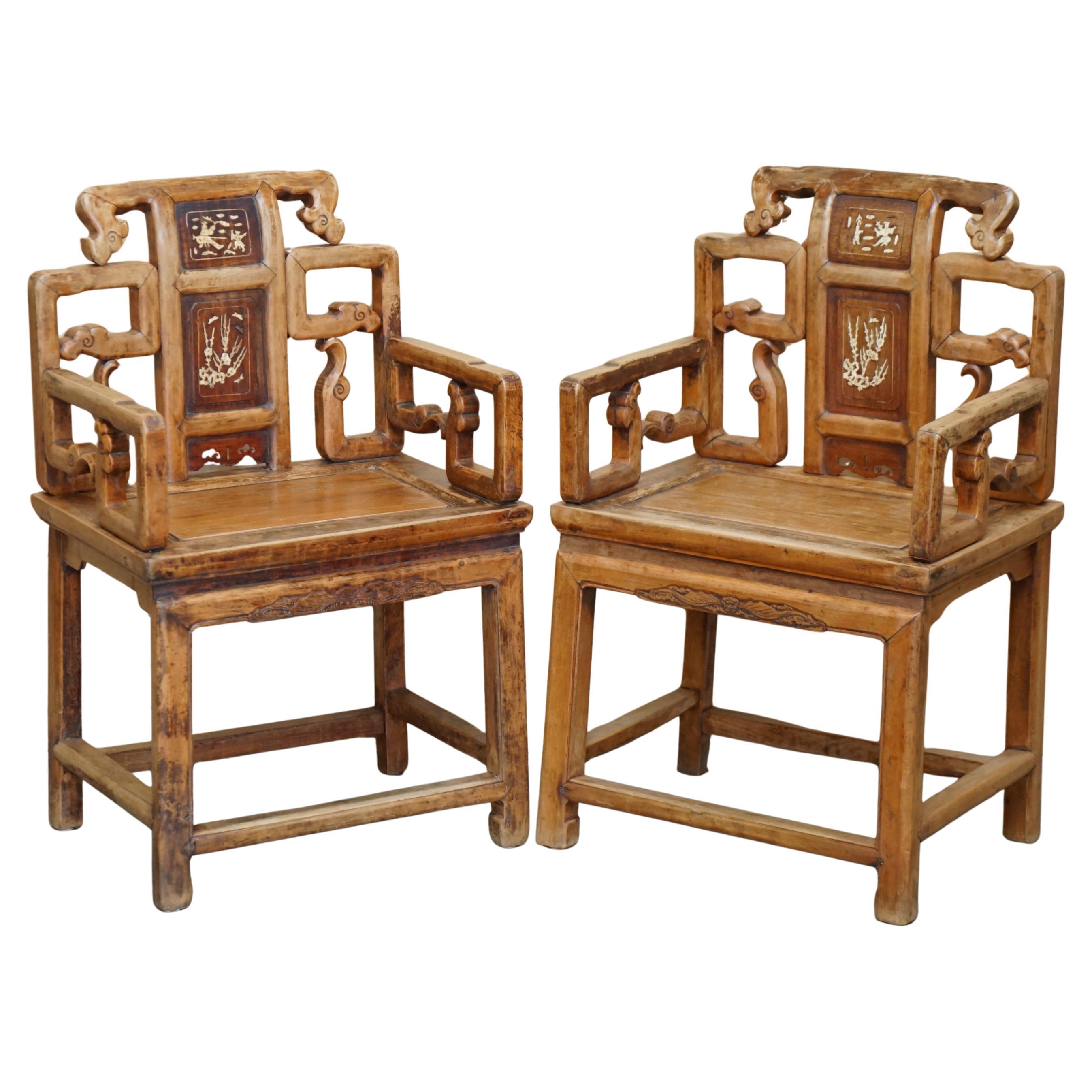PAIR DE CHAISES CHINOISES ANTIQUE EN ÉLÉMIS CIRCA 1920 JOLIE PATINA EN BOIS D'ARBRE