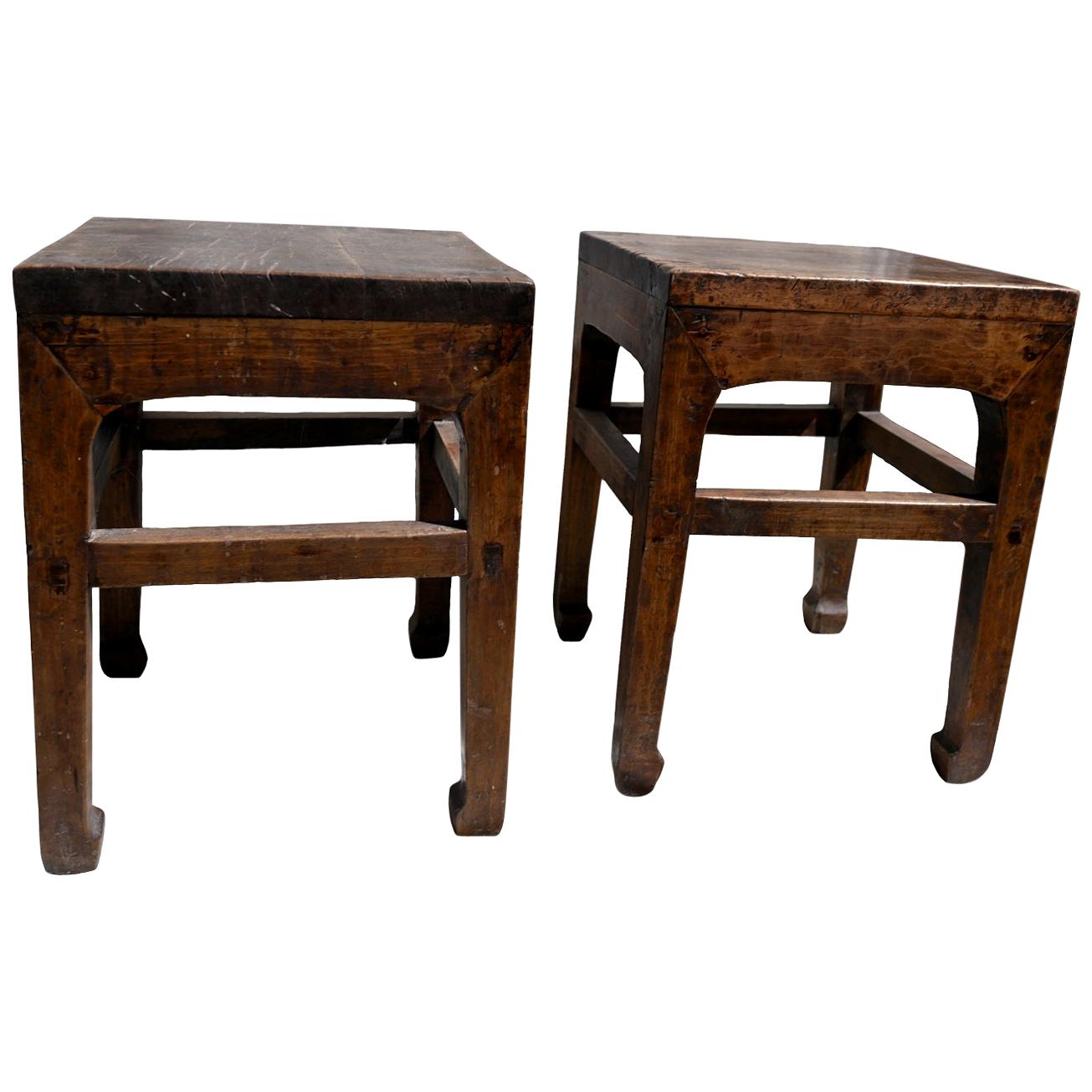 Pair of Antique Chinese Elmwood Stools, 19th Century For Sale