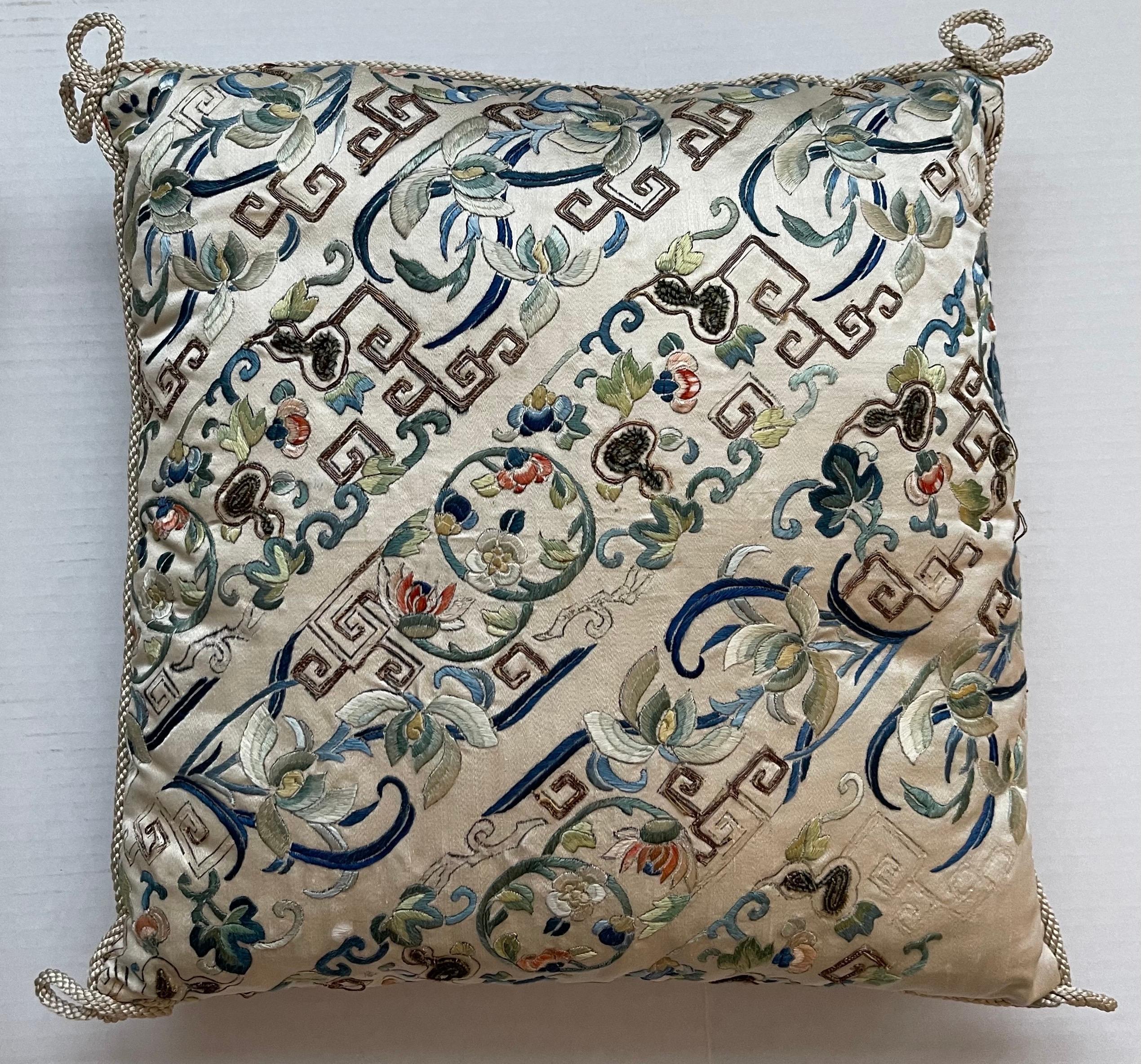Chinese Export Pair of Antique Chinese Embroidered Silk Textile Pillows