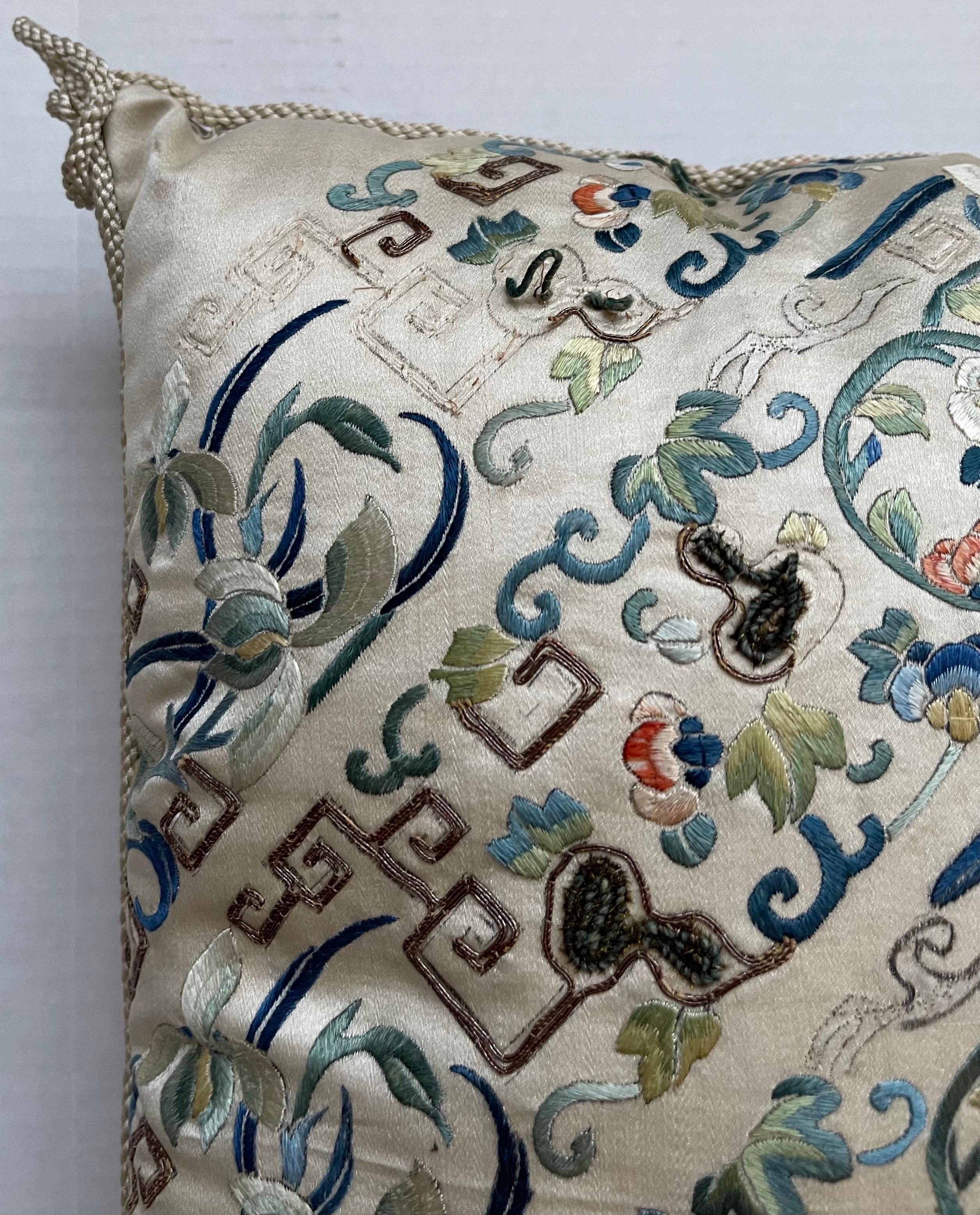 20th Century Pair of Antique Chinese Embroidered Silk Textile Pillows