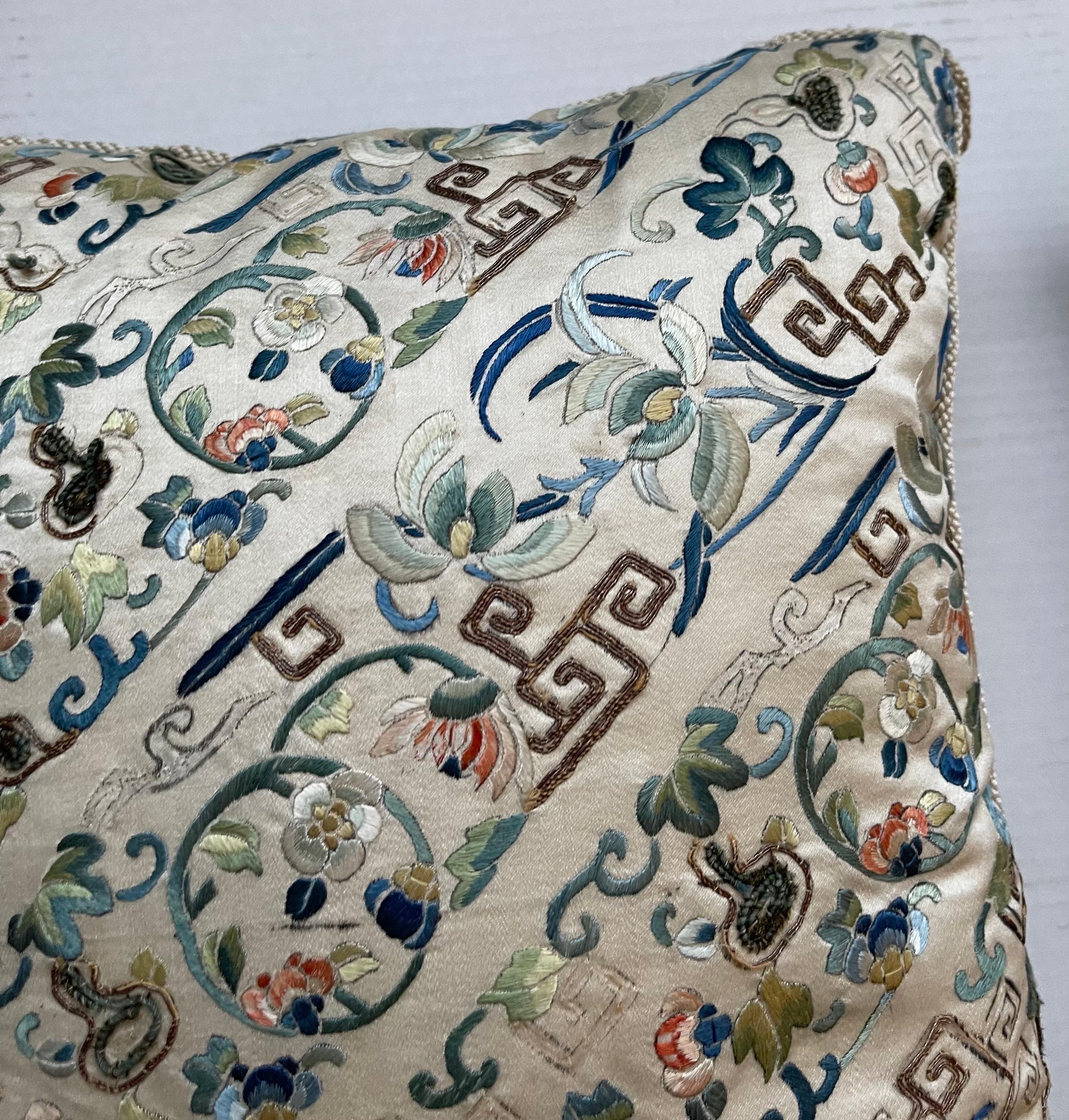 Pair of Antique Chinese Embroidered Silk Textile Pillows 1