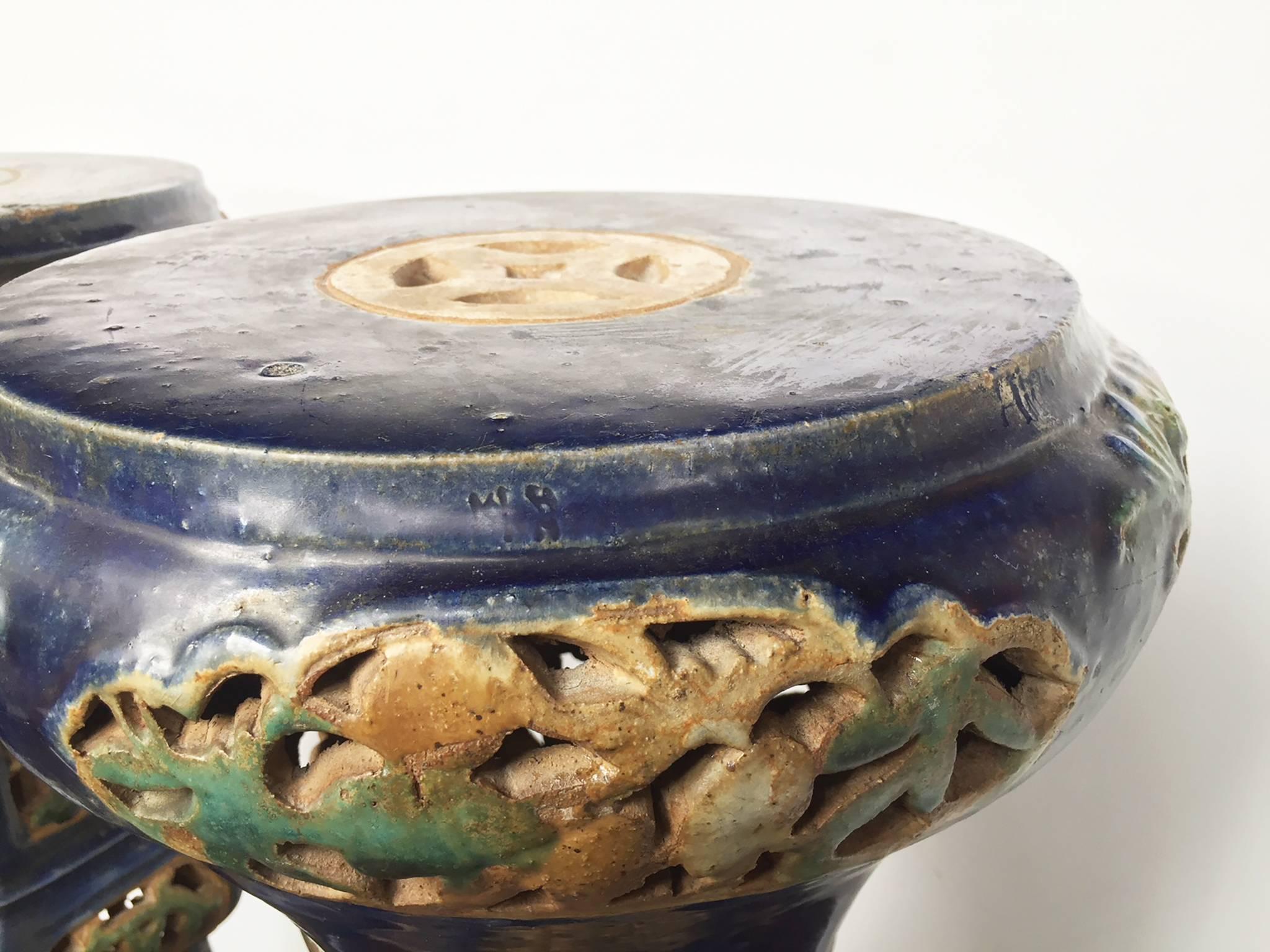 Pair of Antique Chinese Enameled Ceramic Pedestals 6