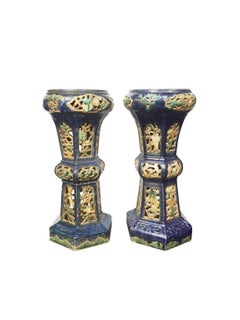 Pair of Antique Chinese Enameled Ceramic Pedestals