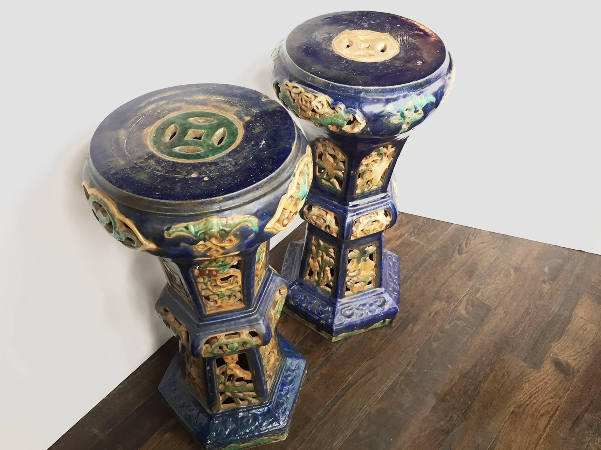 20th Century Pair of Antique Chinese Enameled Ceramic Pedestals