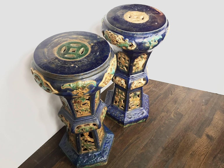 Pair of Antique Chinese Enameled Ceramic Pedestals at 1stDibs
