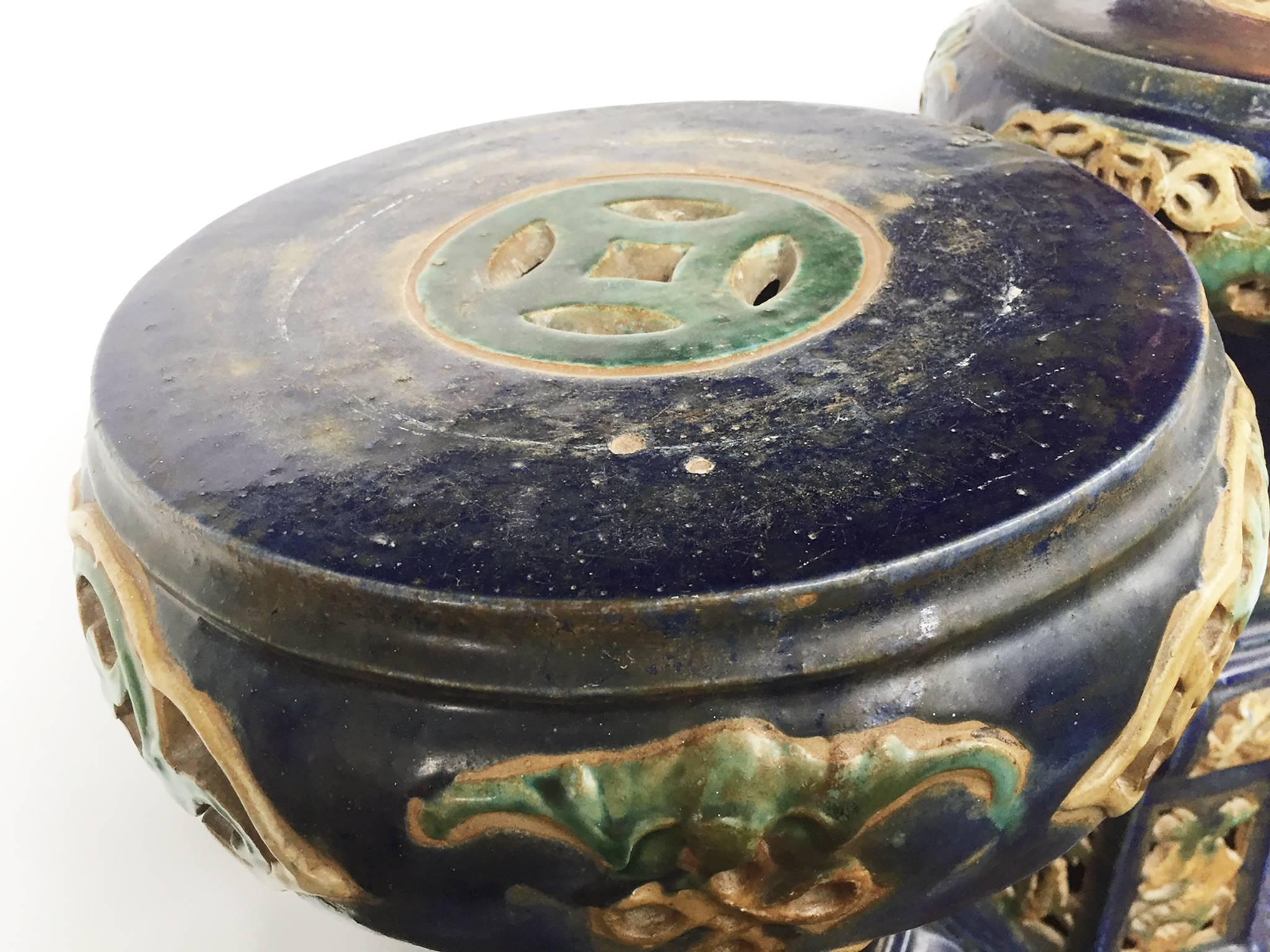 Pair of Antique Chinese Enameled Ceramic Pedestals 1