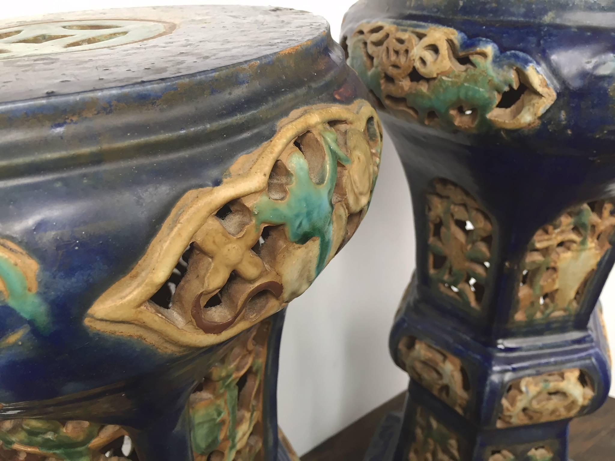 Pair of Antique Chinese Enameled Ceramic Pedestals 2