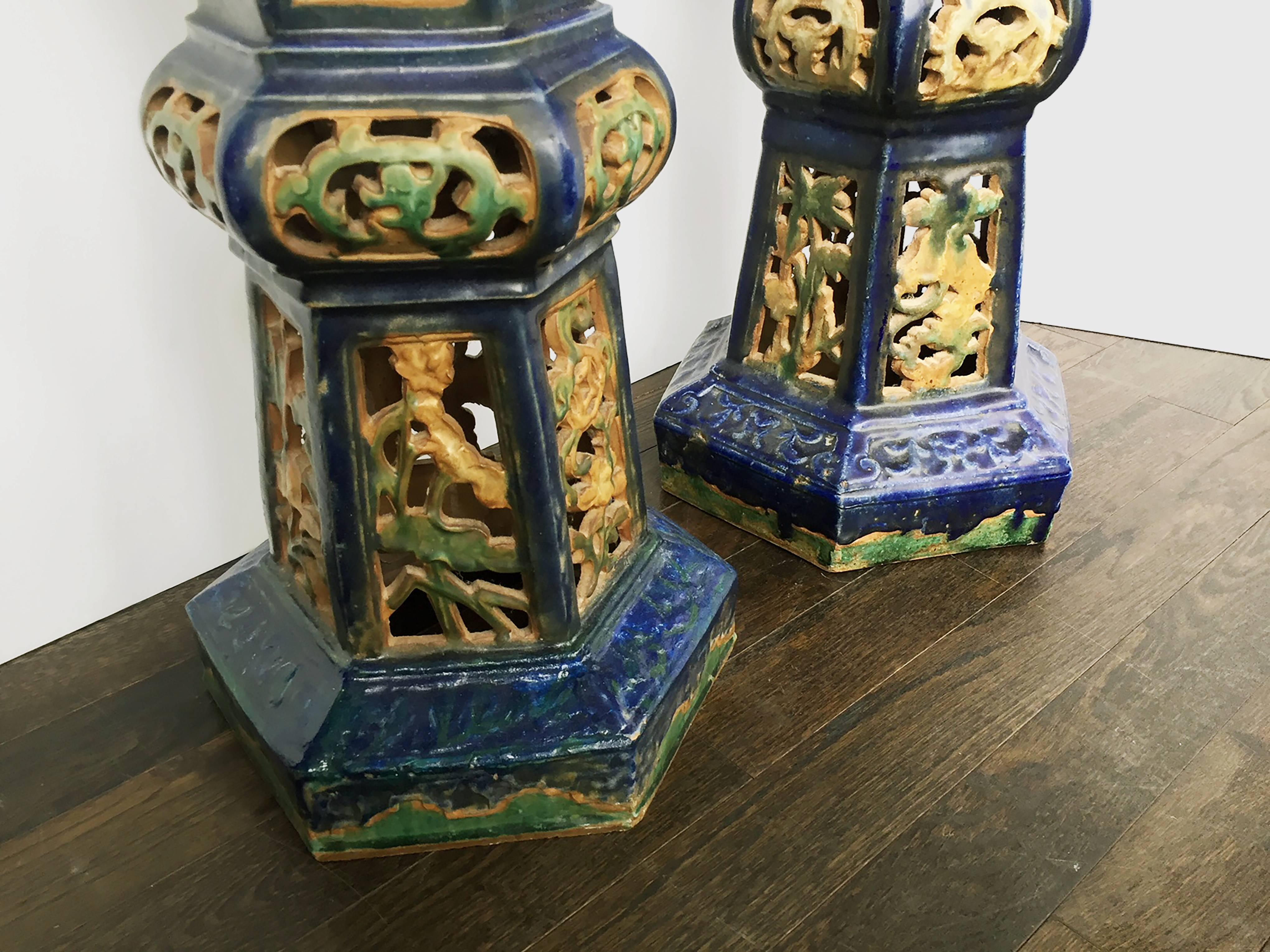 Pair of Antique Chinese Enameled Ceramic Pedestals 4