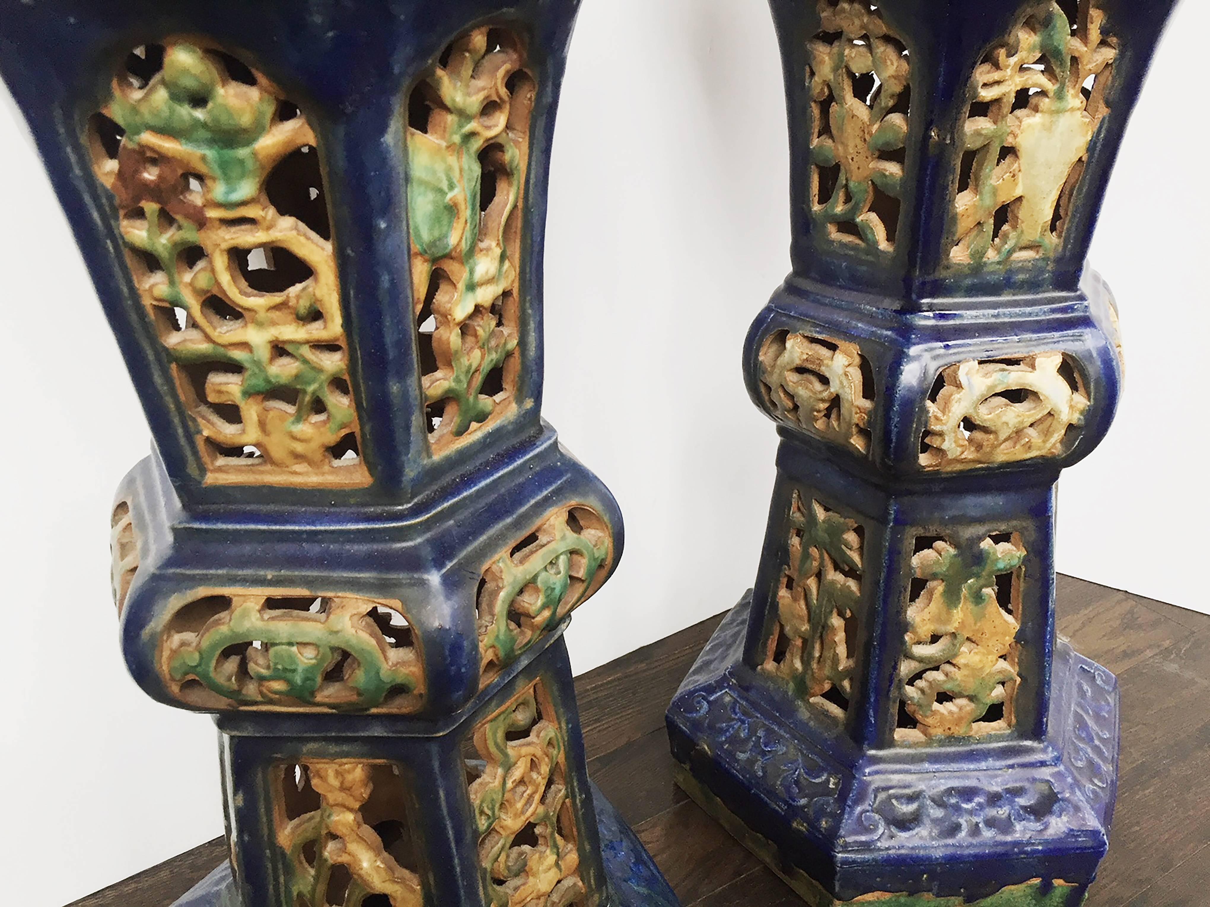 Pair of Antique Chinese Enameled Ceramic Pedestals 5