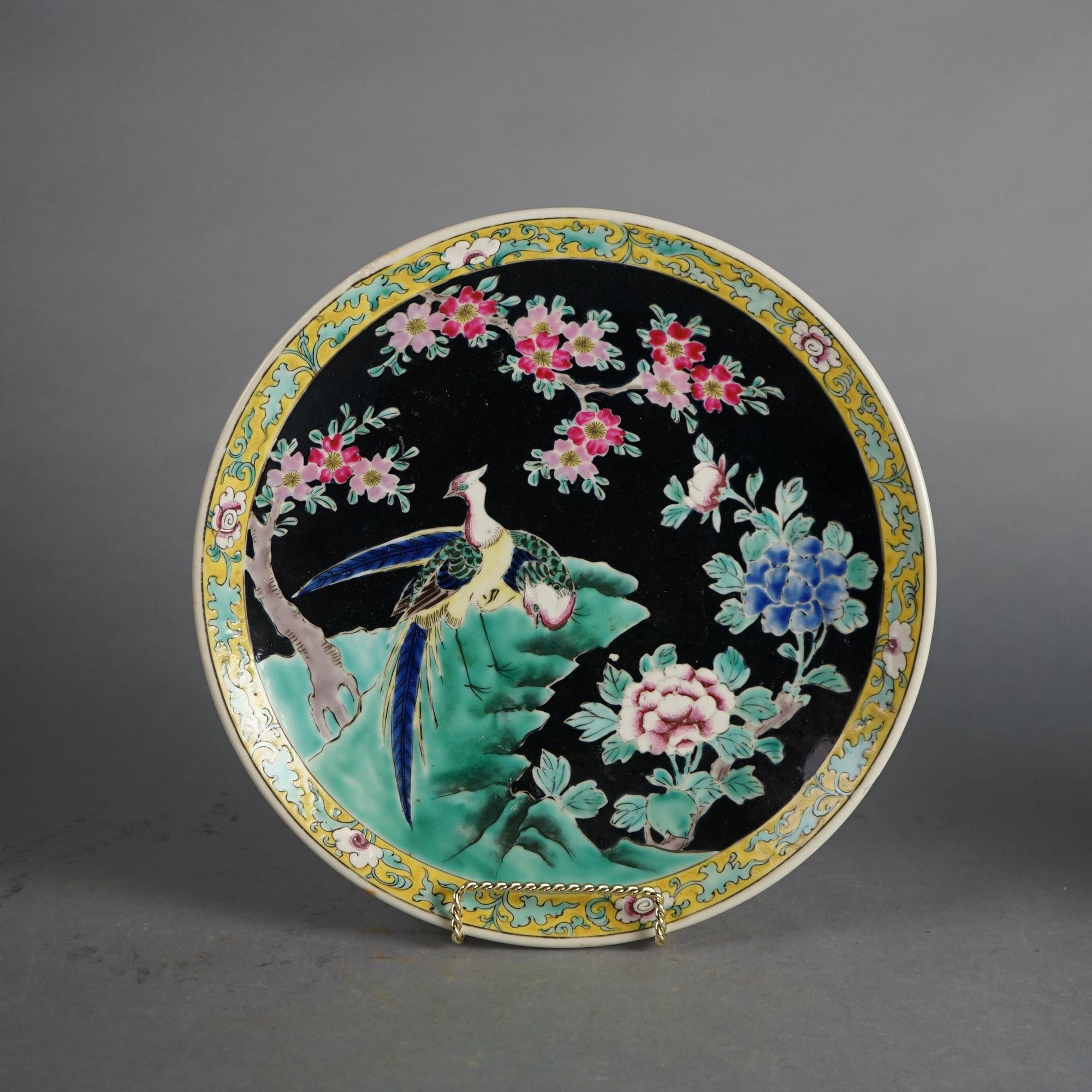 Pair of Antique Chinese Enameled Chargers with Birds C1920

Measures- 1.75''H x 12.25''W x 12.25''D