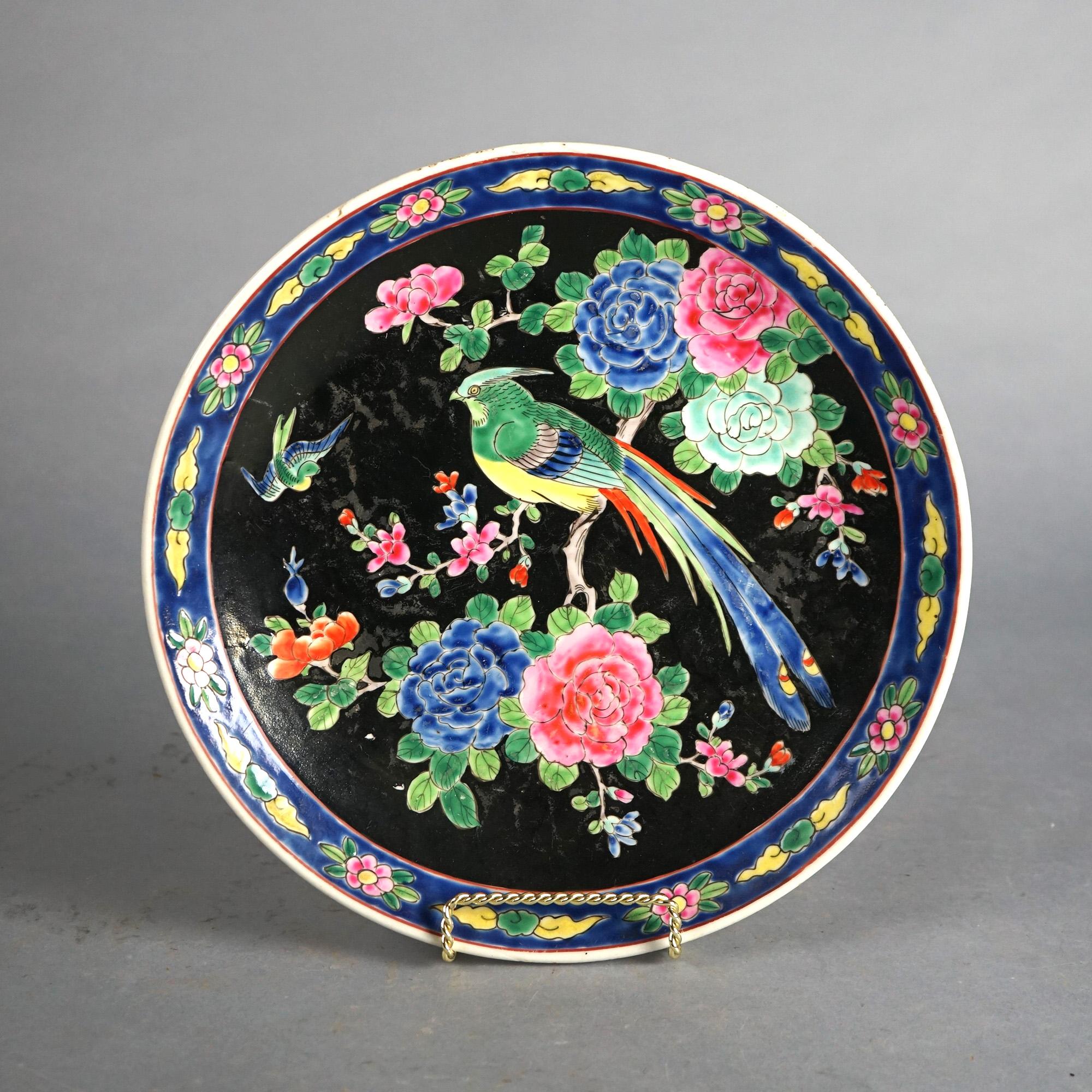 Asian Pair of Antique Chinese Enameled Chargers with Birds C1920 For Sale