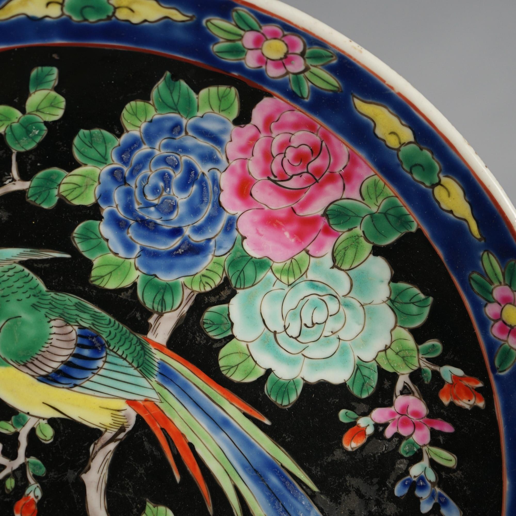 Pair of Antique Chinese Enameled Chargers with Birds C1920 In Good Condition For Sale In Big Flats, NY