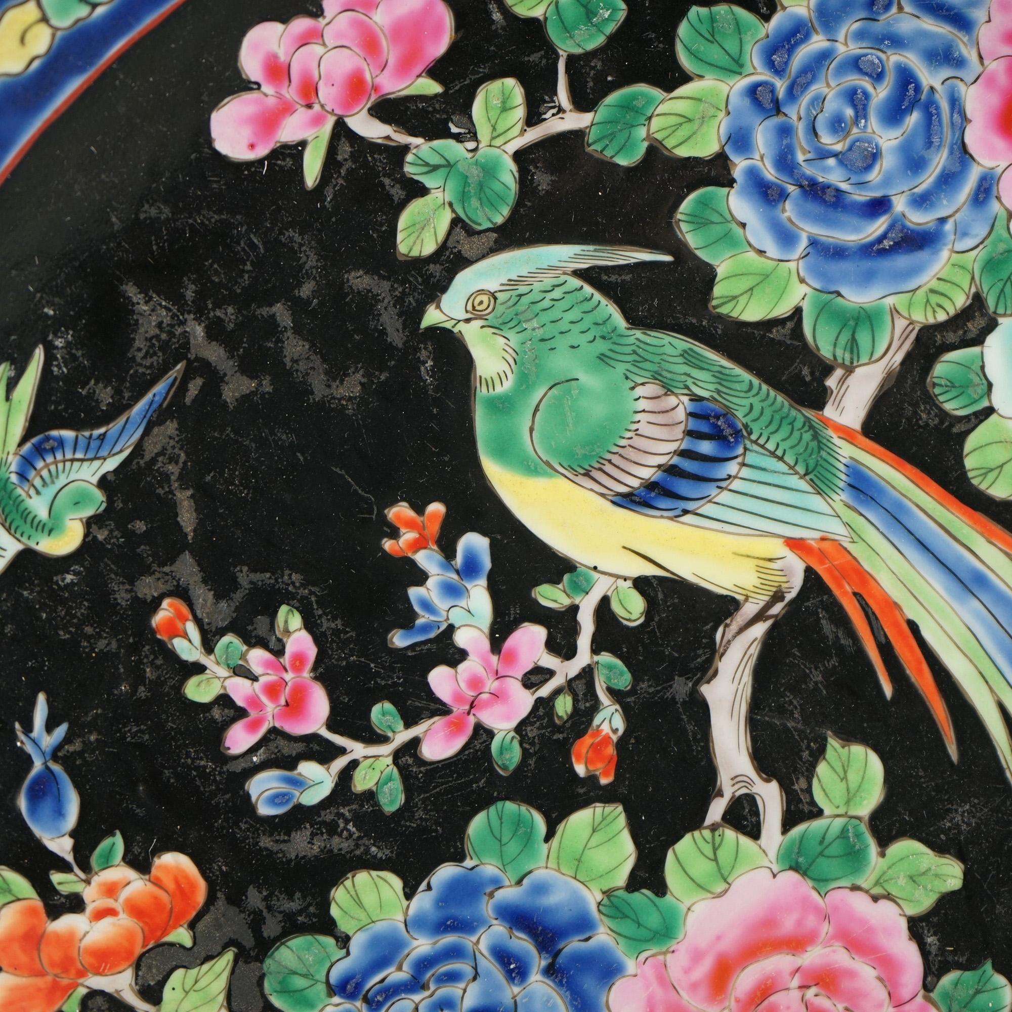 20th Century Pair of Antique Chinese Enameled Chargers with Birds C1920 For Sale
