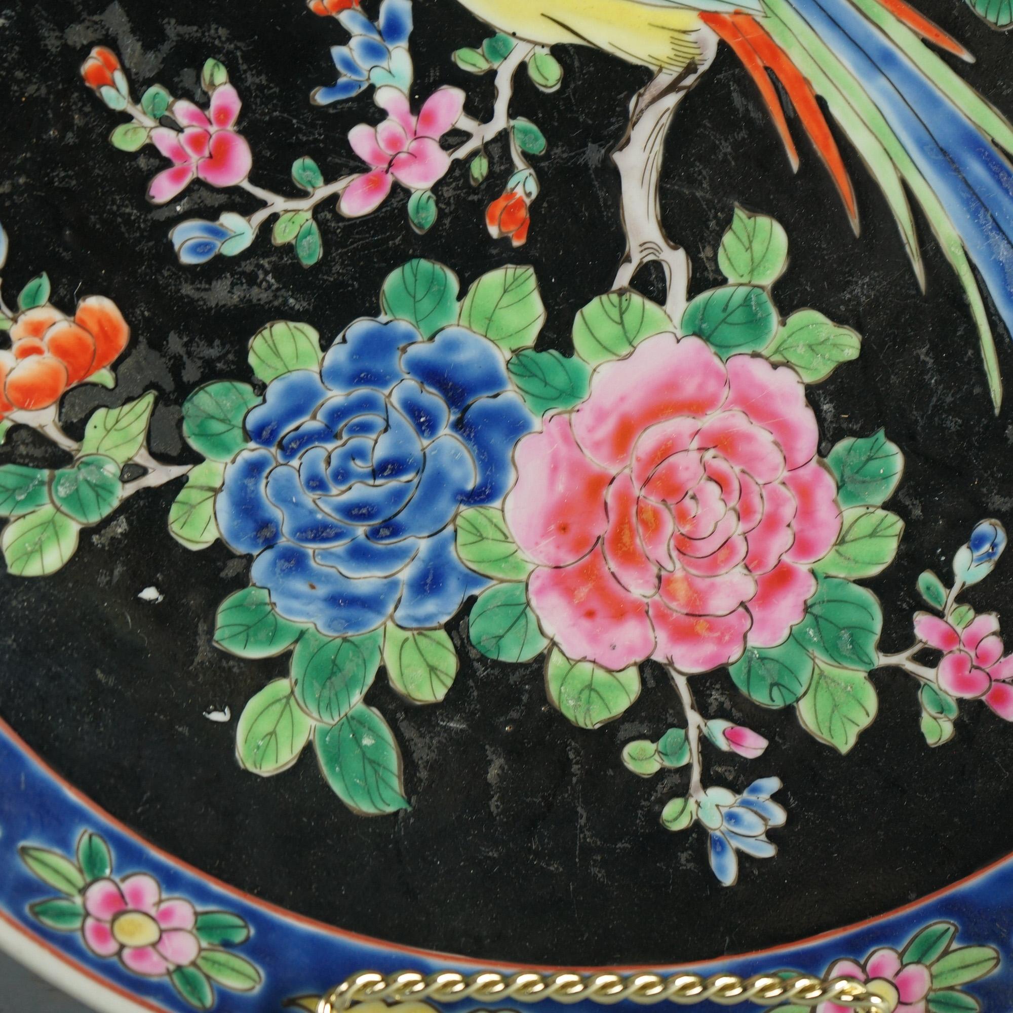 Ceramic Pair of Antique Chinese Enameled Chargers with Birds C1920 For Sale