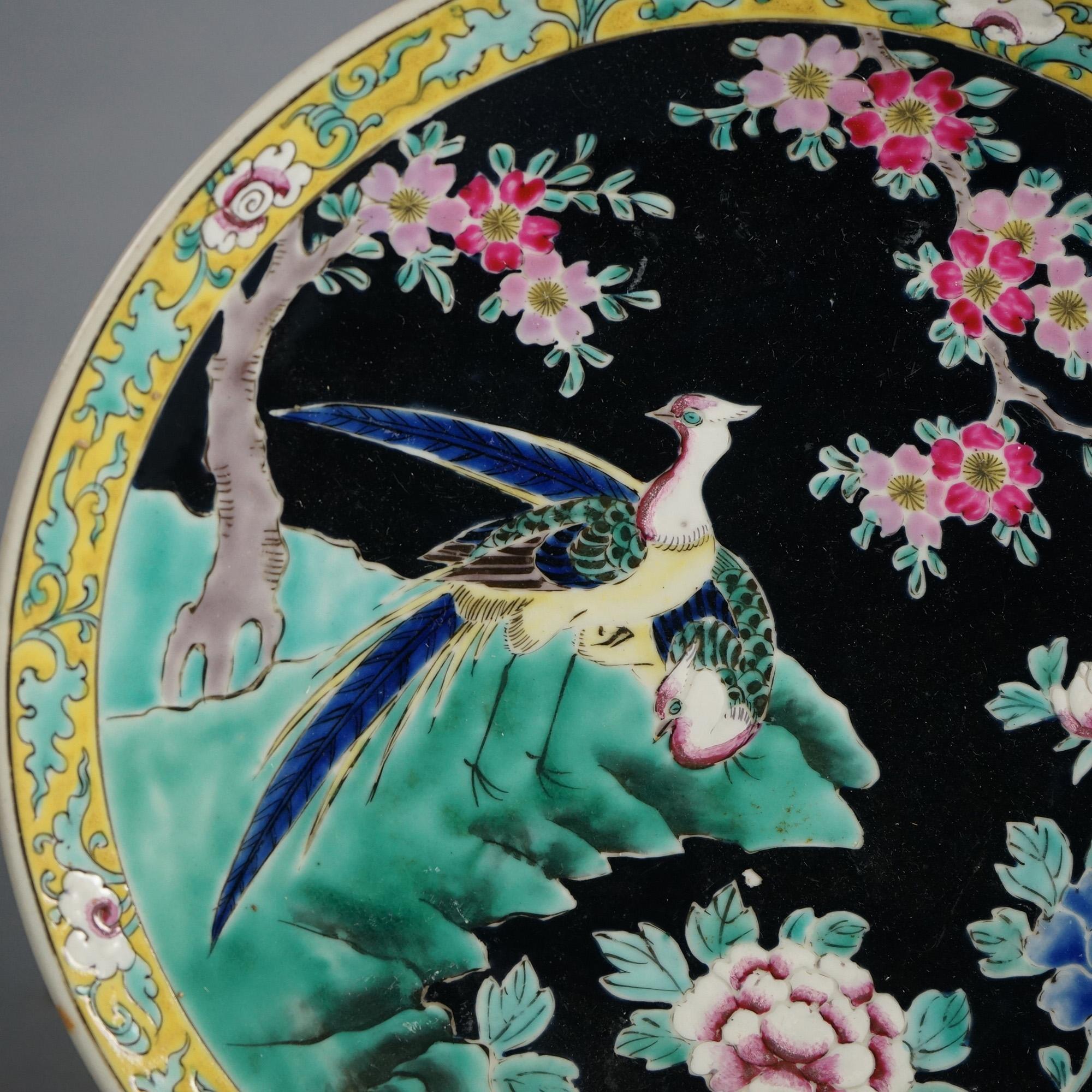 Pair of Antique Chinese Enameled Chargers with Birds C1920 For Sale 1