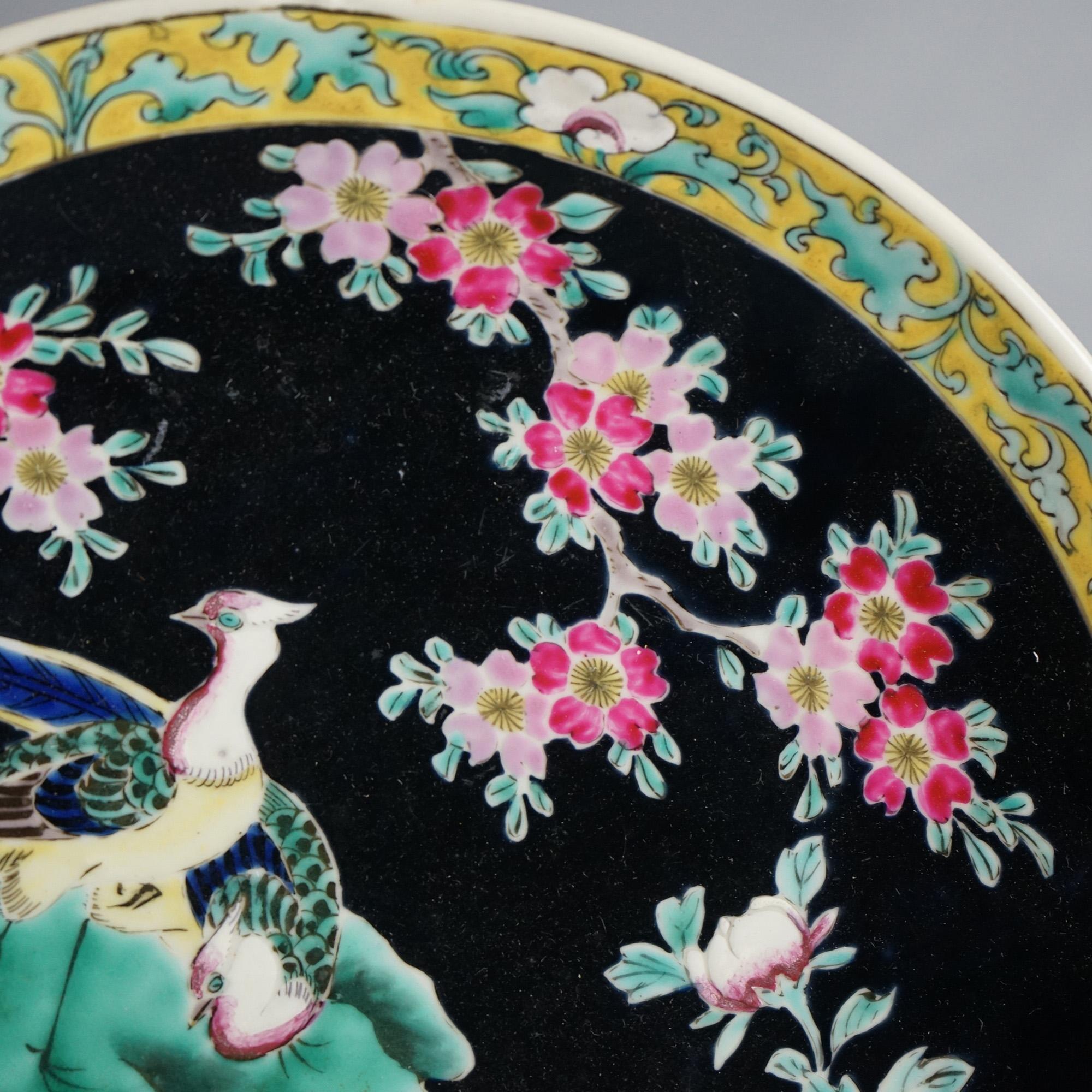 Pair of Antique Chinese Enameled Chargers with Birds C1920 For Sale 2