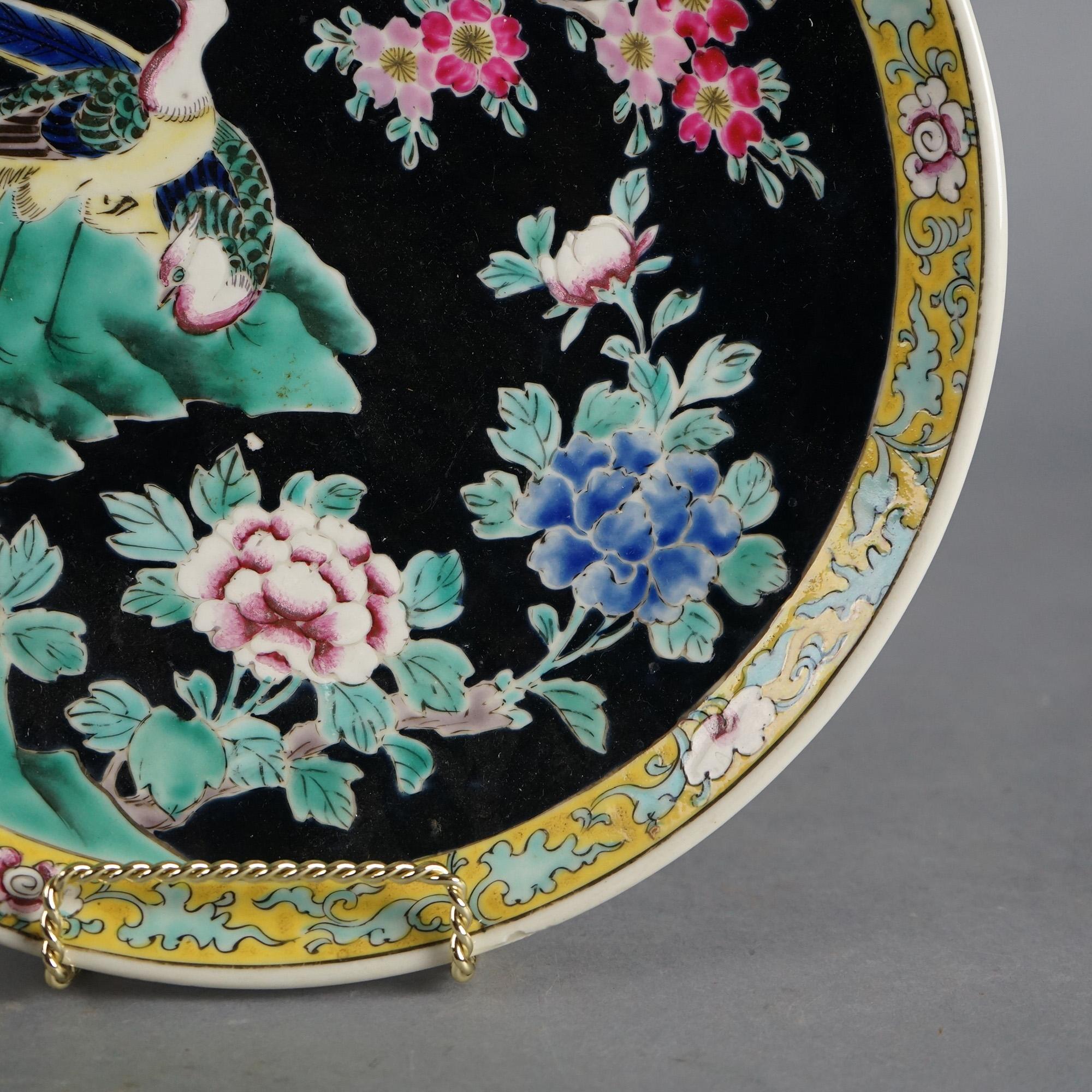 Pair of Antique Chinese Enameled Chargers with Birds C1920 For Sale 3