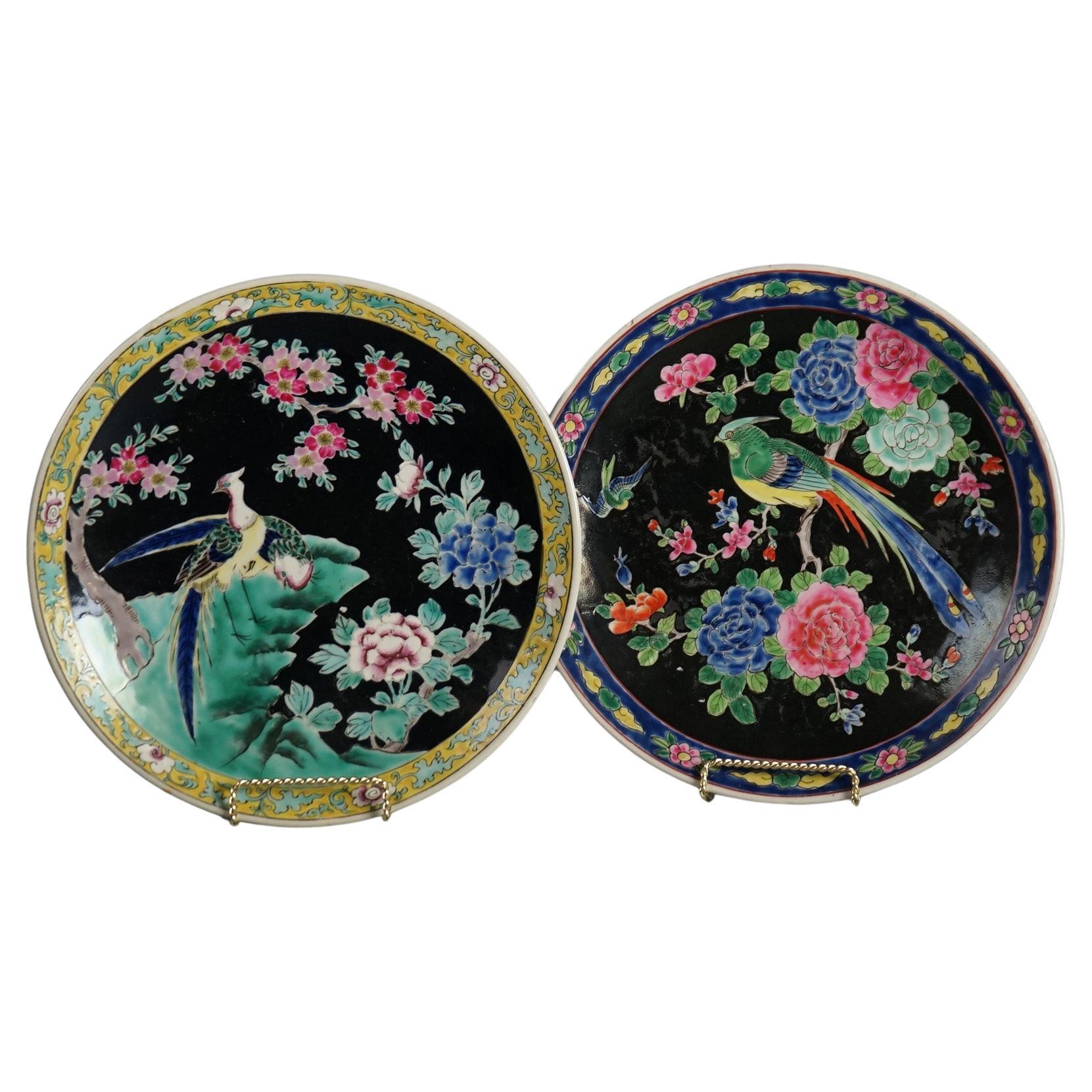 Pair of Antique Chinese Enameled Chargers with Birds C1920 For Sale