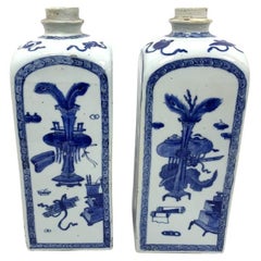 Pair Of Antique Chinese Export Blue And White Porcelain Squared Jars