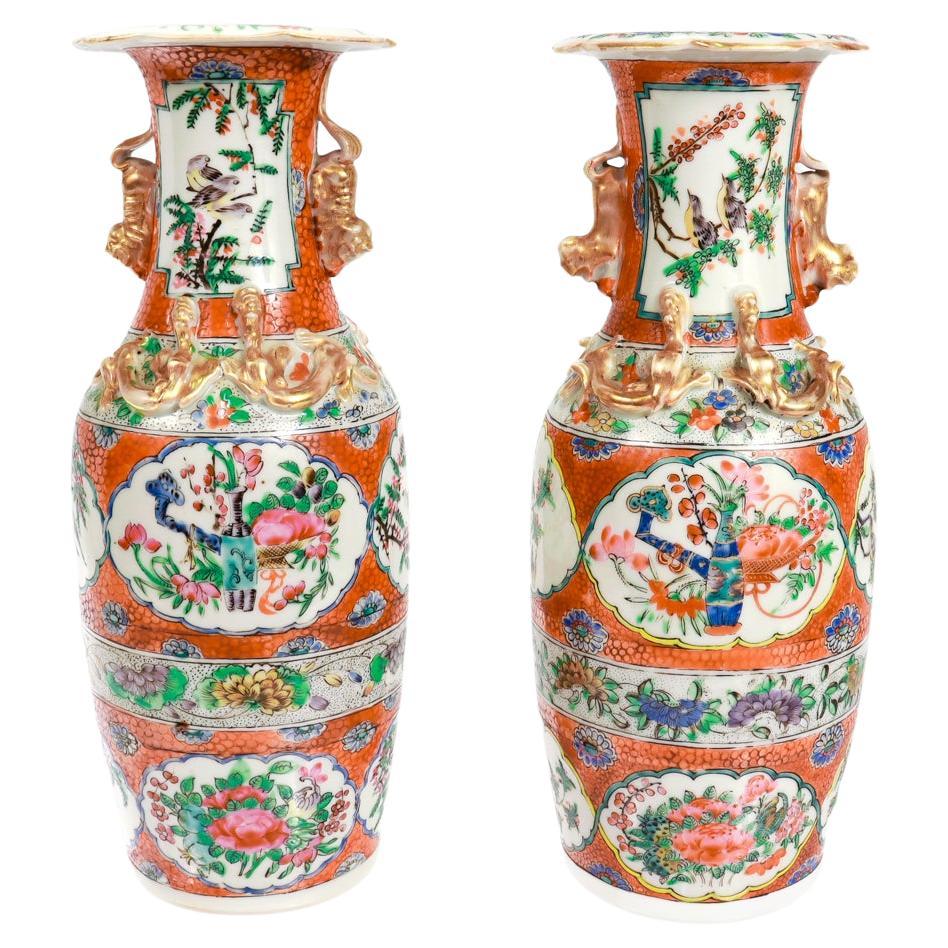 Pair of Antique Chinese Export Famille Rose Canton Orange Ground Vases or Urns For Sale