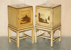 PAiR OF ANTIQUE CHINESE EXPORT HAND PAINTED & LACQUERED NIGHTSTANDS SIDE TABLES