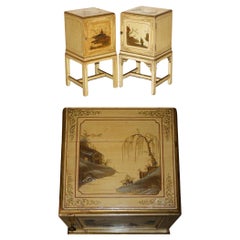 PAiR OF ANTIQUE CHINESE EXPORT HAND PAINTED & LACQUERED NIGHTSTANDS SIDE TABLES
