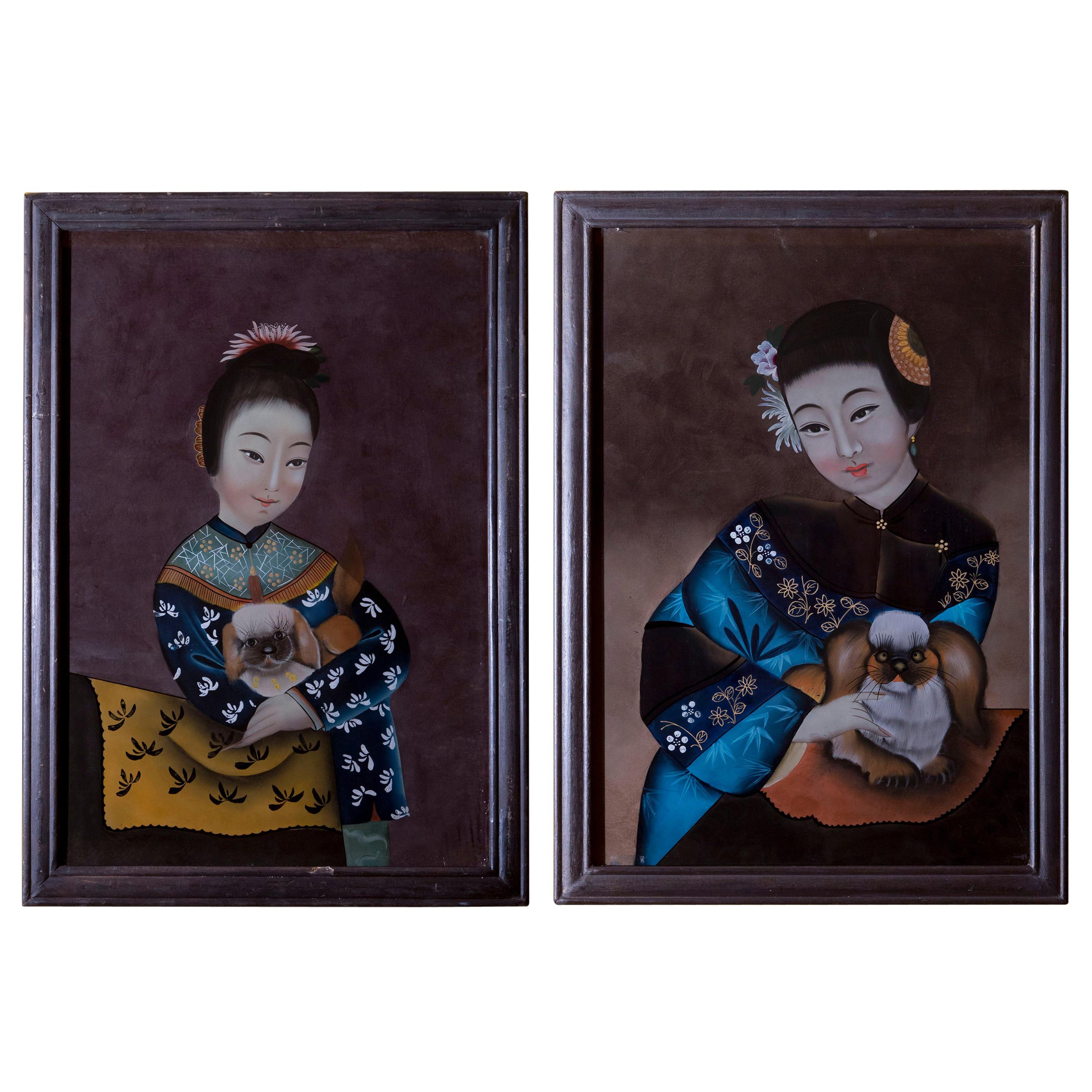 Pair of Antique Chinese Export Reverse Glass Portraits of Ladies with Dogs