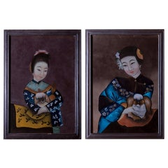 Pair of Antique Chinese Export Reverse Glass Portraits of Ladies with Dogs