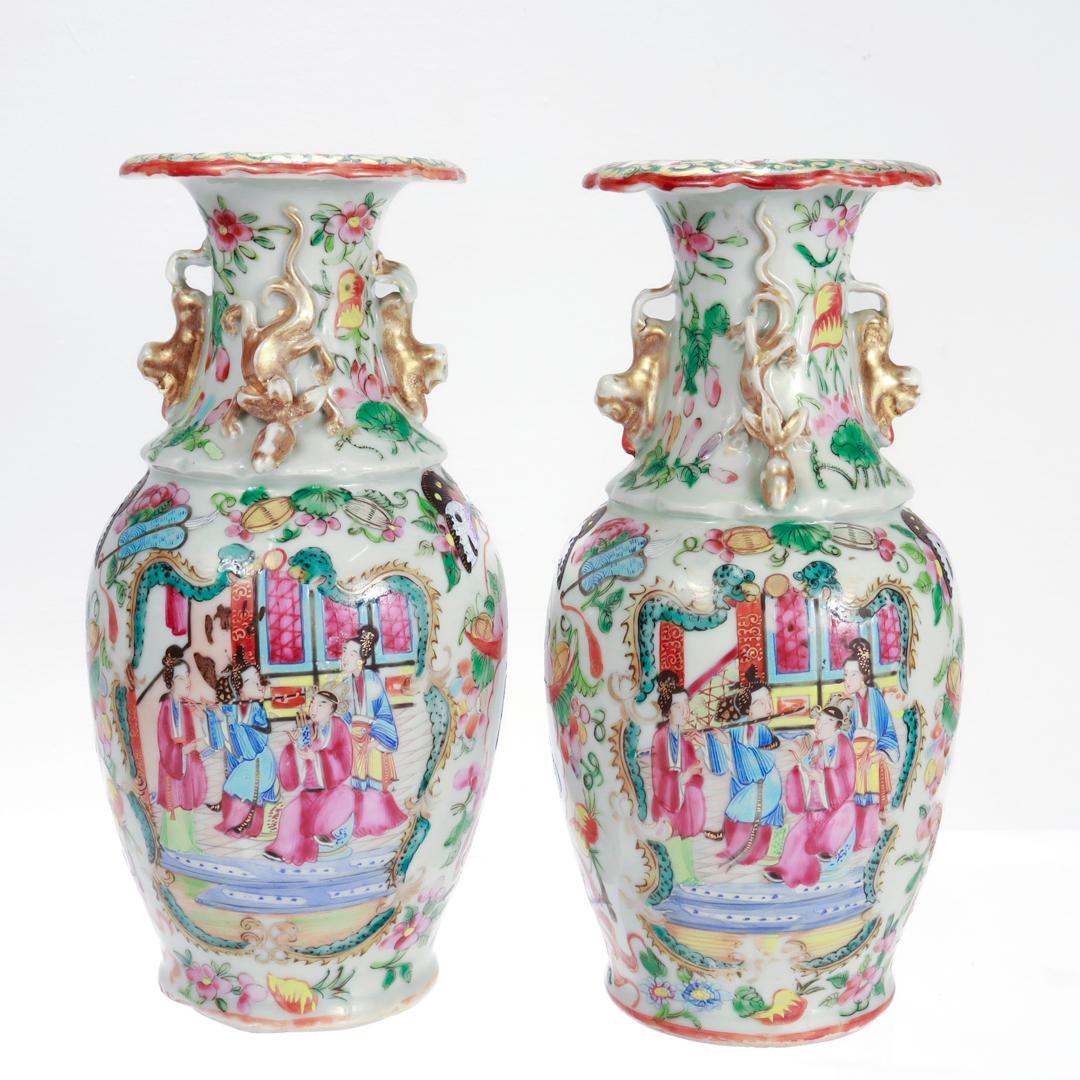 Porcelain Pair of Antique Chinese Export Rose Mandarin Vases For Sale