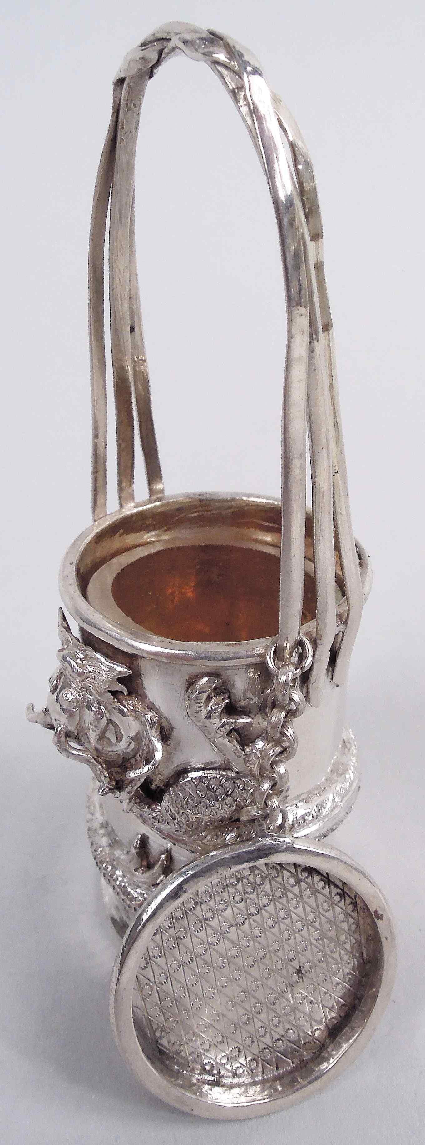 Pair of Antique Chinese Export Silver Hot & Spicy Dragon Mustard Pots For Sale 3