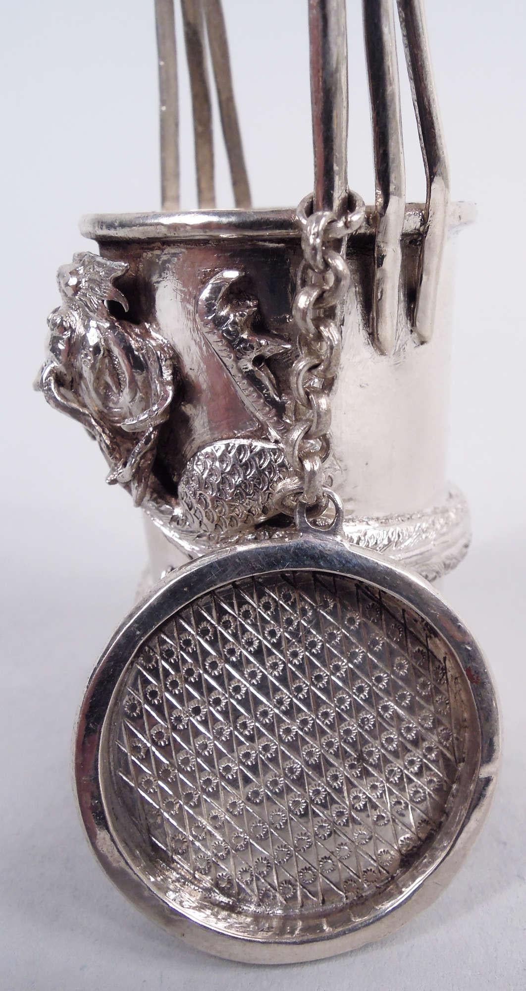 Pair of Antique Chinese Export Silver Hot & Spicy Dragon Mustard Pots For Sale 4