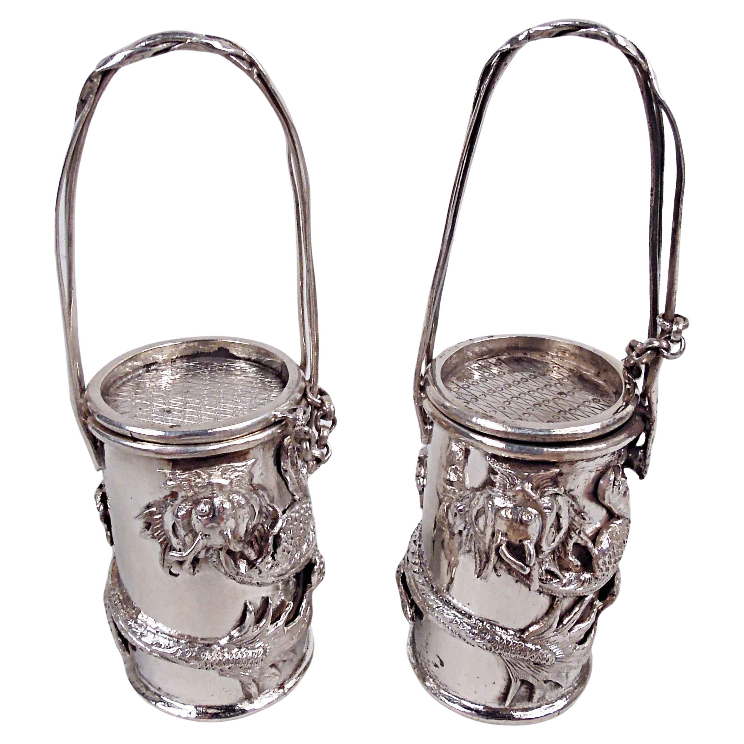 Pair of Antique Chinese Export Silver Hot & Spicy Dragon Mustard Pots For Sale