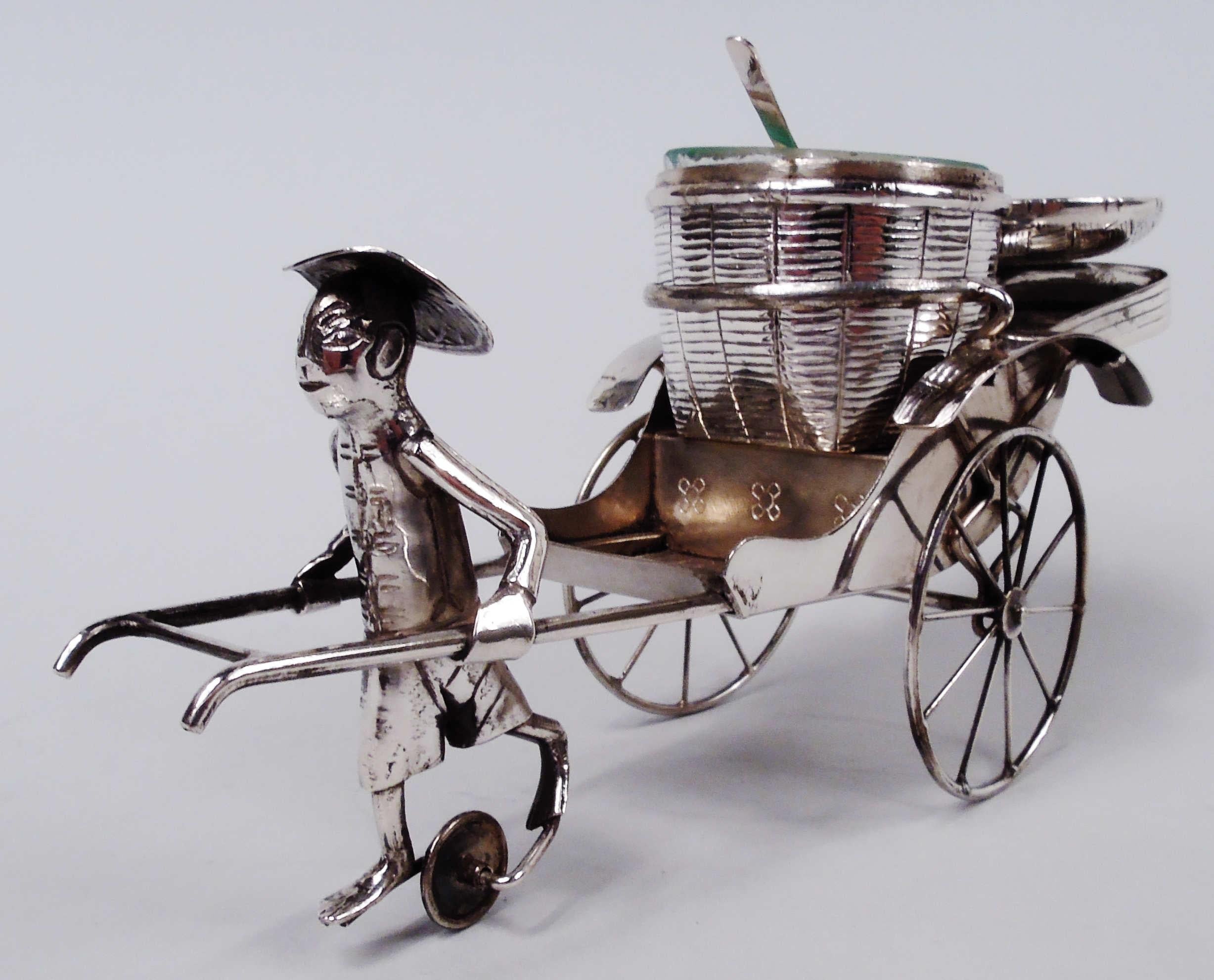 Pair of Chinese silver condiment carts, ca 1920. Each: A two-wheeled vehicle harnessed to a barefoot runner in a straw hat, peddling through the streets of some exotic Eastern locale. In the seat rides not a morally complacent Western tourist but a