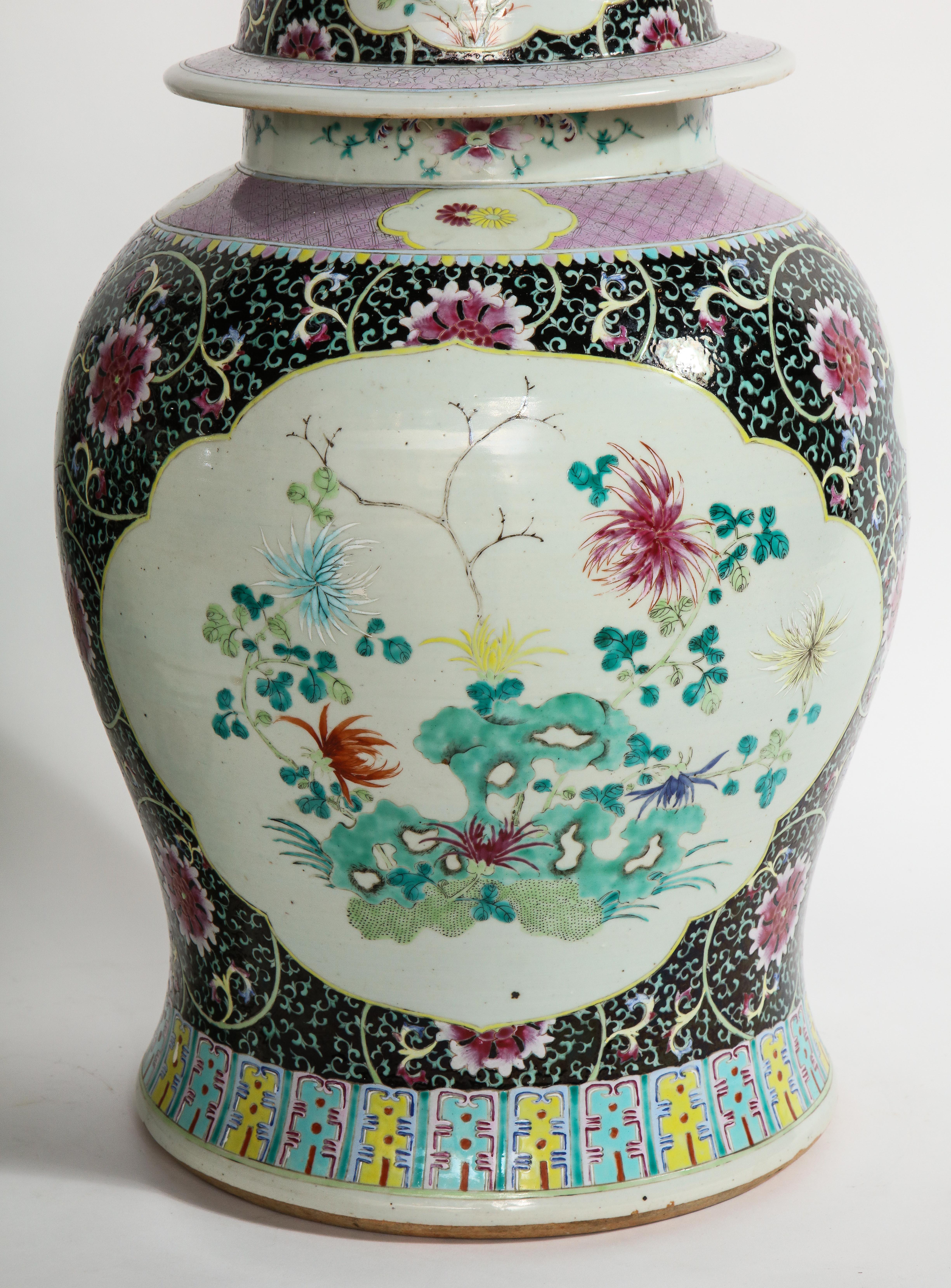 Chinese Export Pair of Antique Chinese Famille Noire Ground Porcelain Covered Ginger Jars/Vases