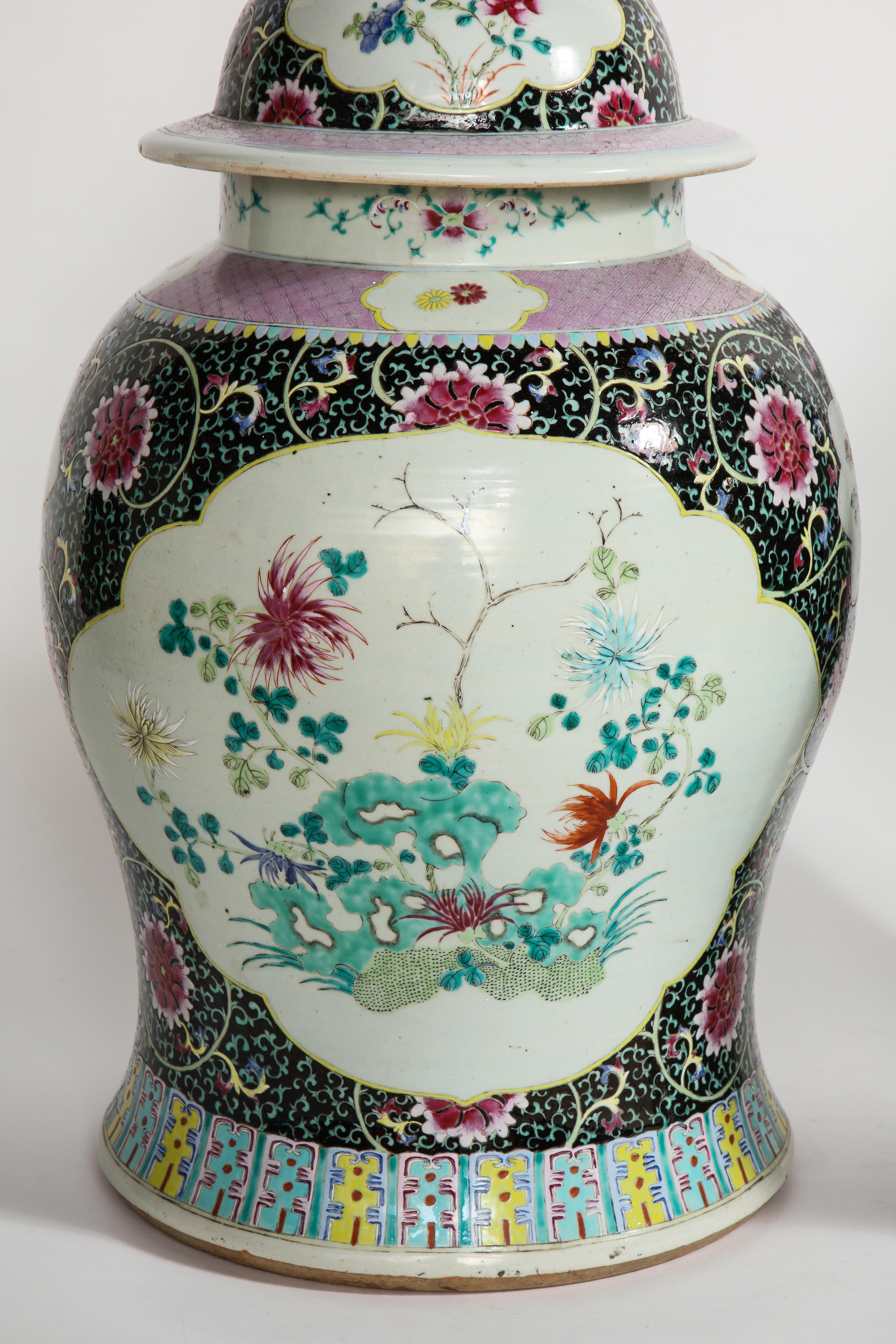 Enameled Pair of Antique Chinese Famille Noire Ground Porcelain Covered Ginger Jars/Vases