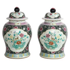 Pair of Antique Chinese Famille Noire Ground Porcelain Covered Ginger Jars/Vases