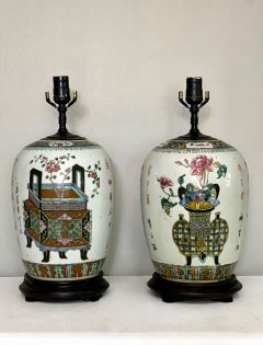 Pair of Antique Chinese Famille Rose Ginger Jar Lamps, c. 1900
