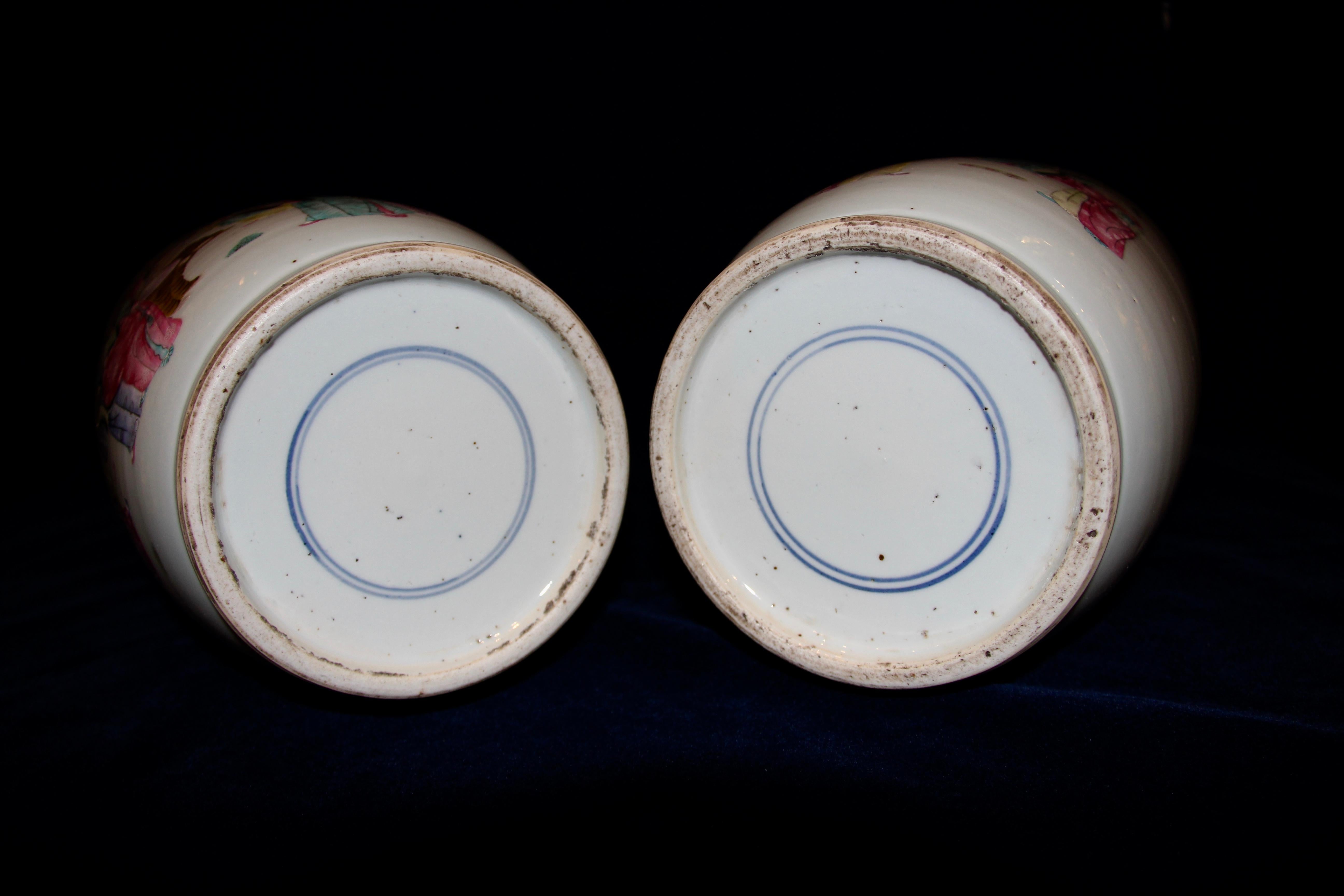 Pair of Antique Chinese Famille Rose Vases with Hand Painted Luohans Decoration 6