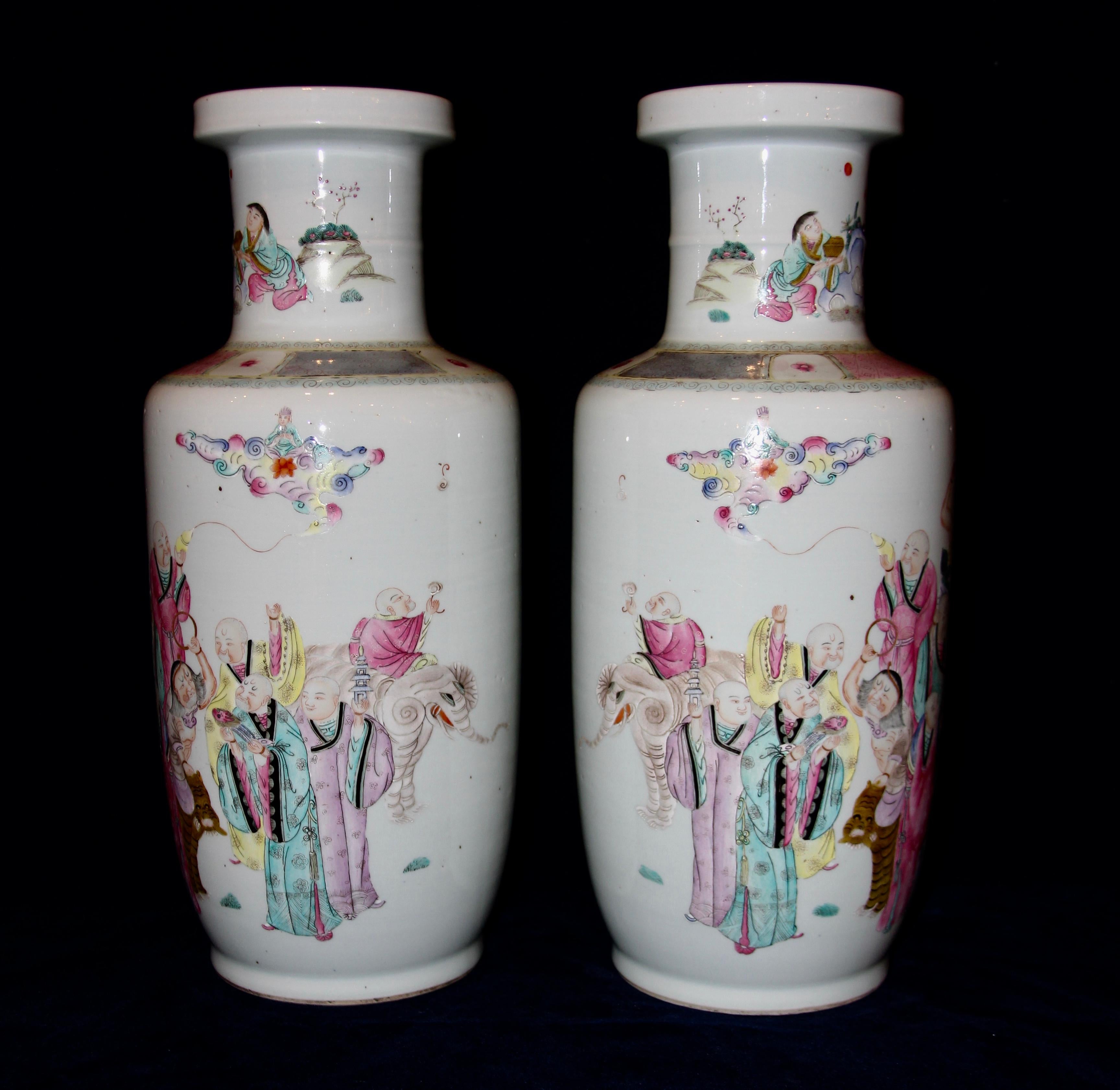 Chinese Export Pair of Antique Chinese Famille Rose Vases with Hand Painted Luohans Decoration