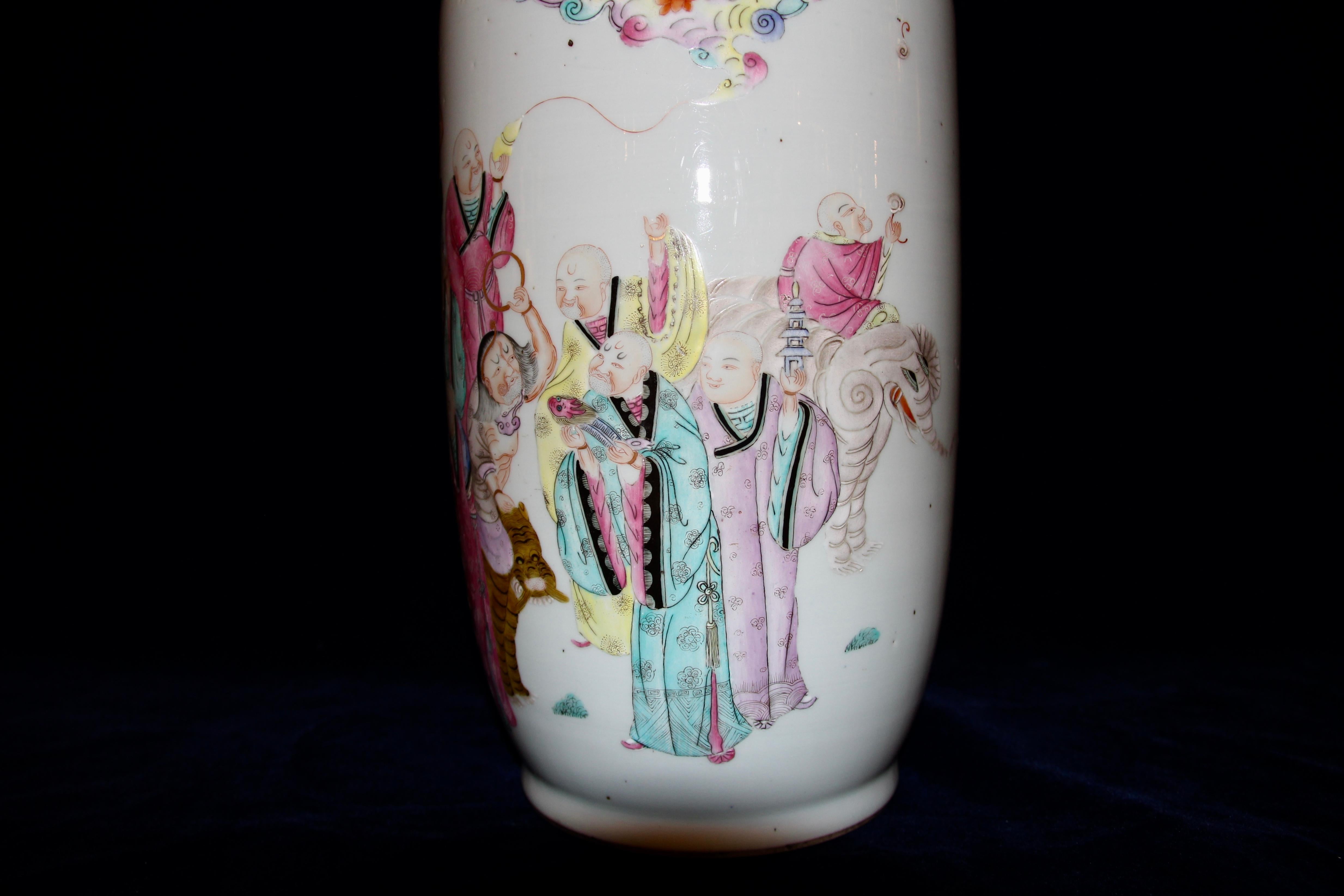 Hand-Painted Pair of Antique Chinese Famille Rose Vases with Hand Painted Luohans Decoration