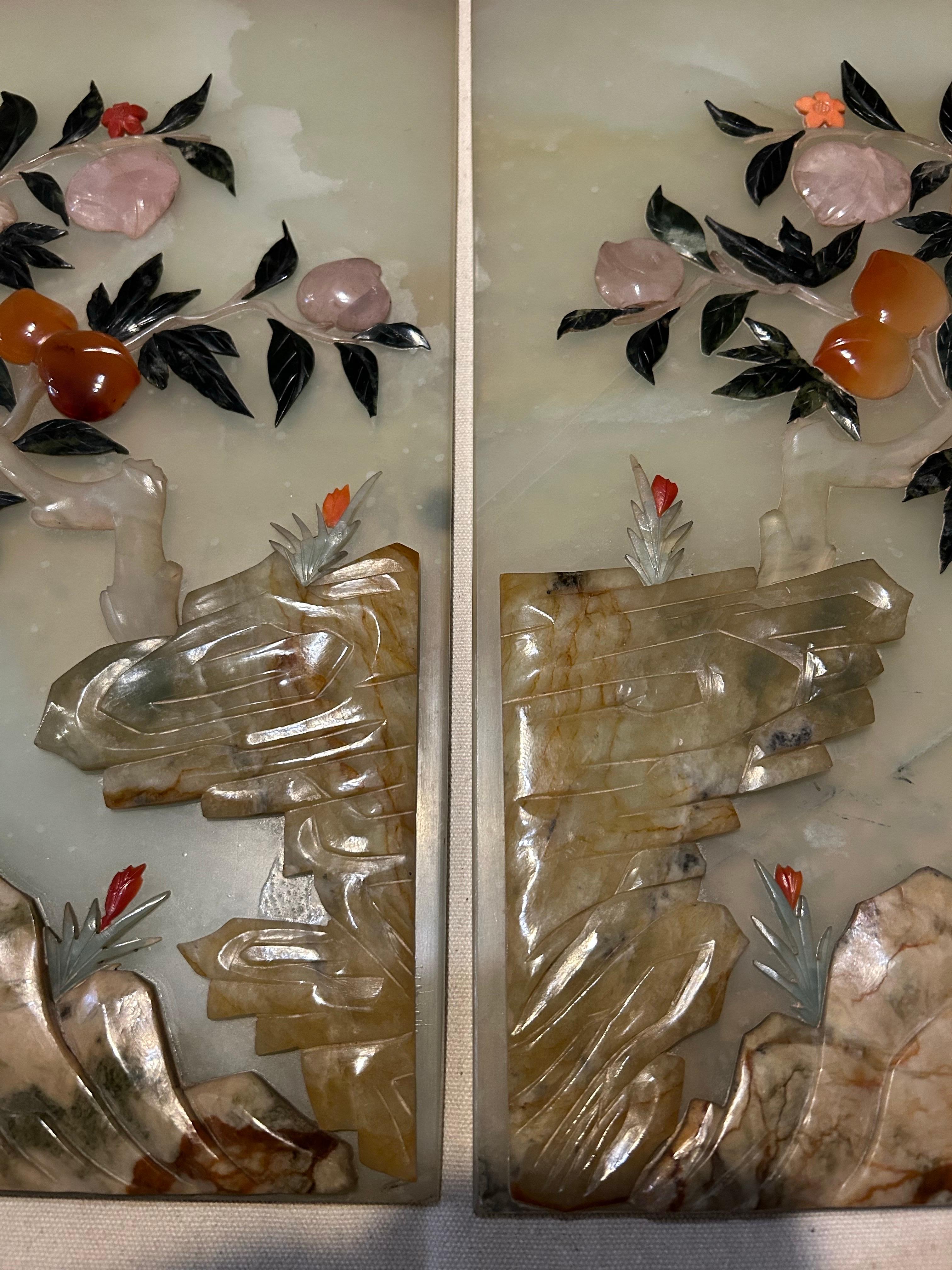 Pair Of Antique Chinese Finely Carved Jade Scholar Screens With Fine Floral Work For Sale 4